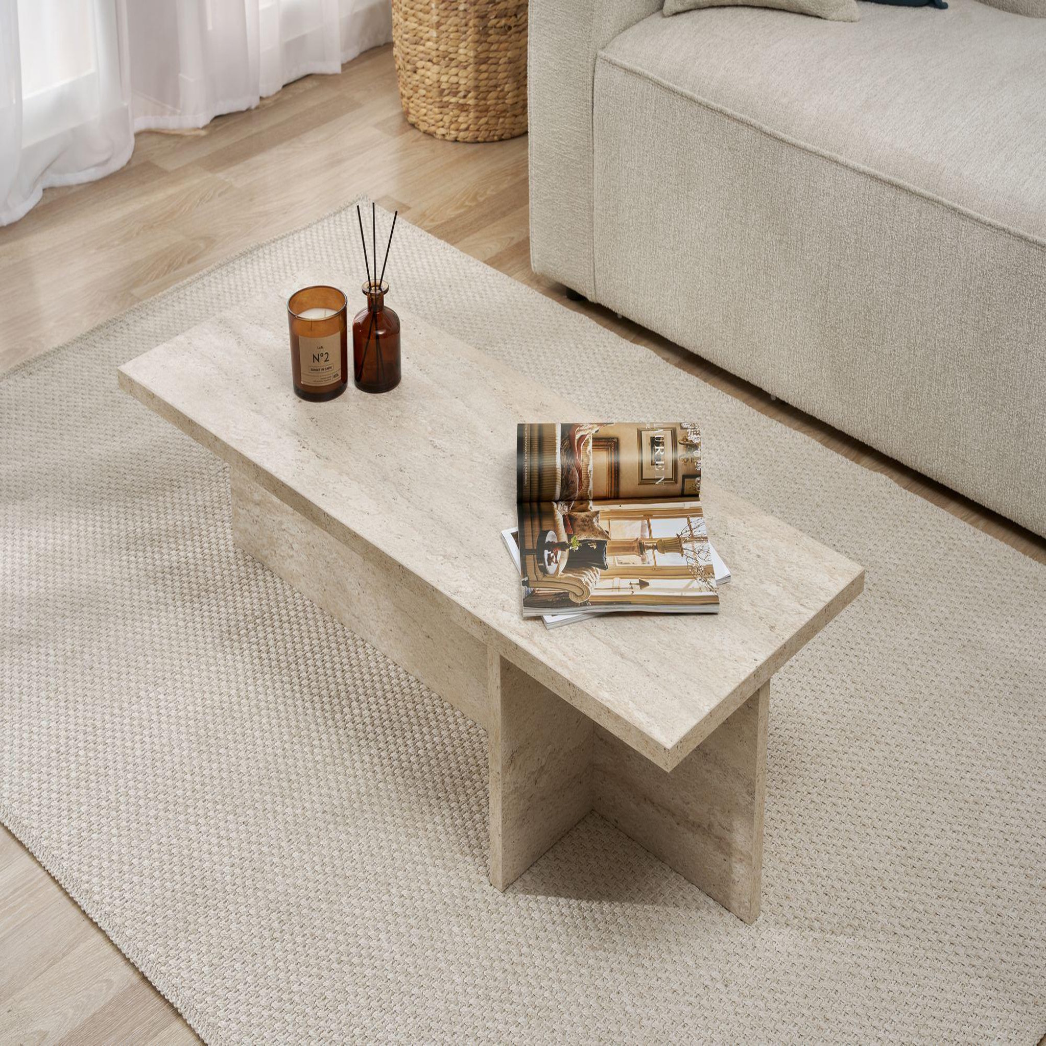 Voir la diapositive 4 : Habitat et Jardin Table basse en bois  harbor  - 120 x 45 x 30 cm - travertin