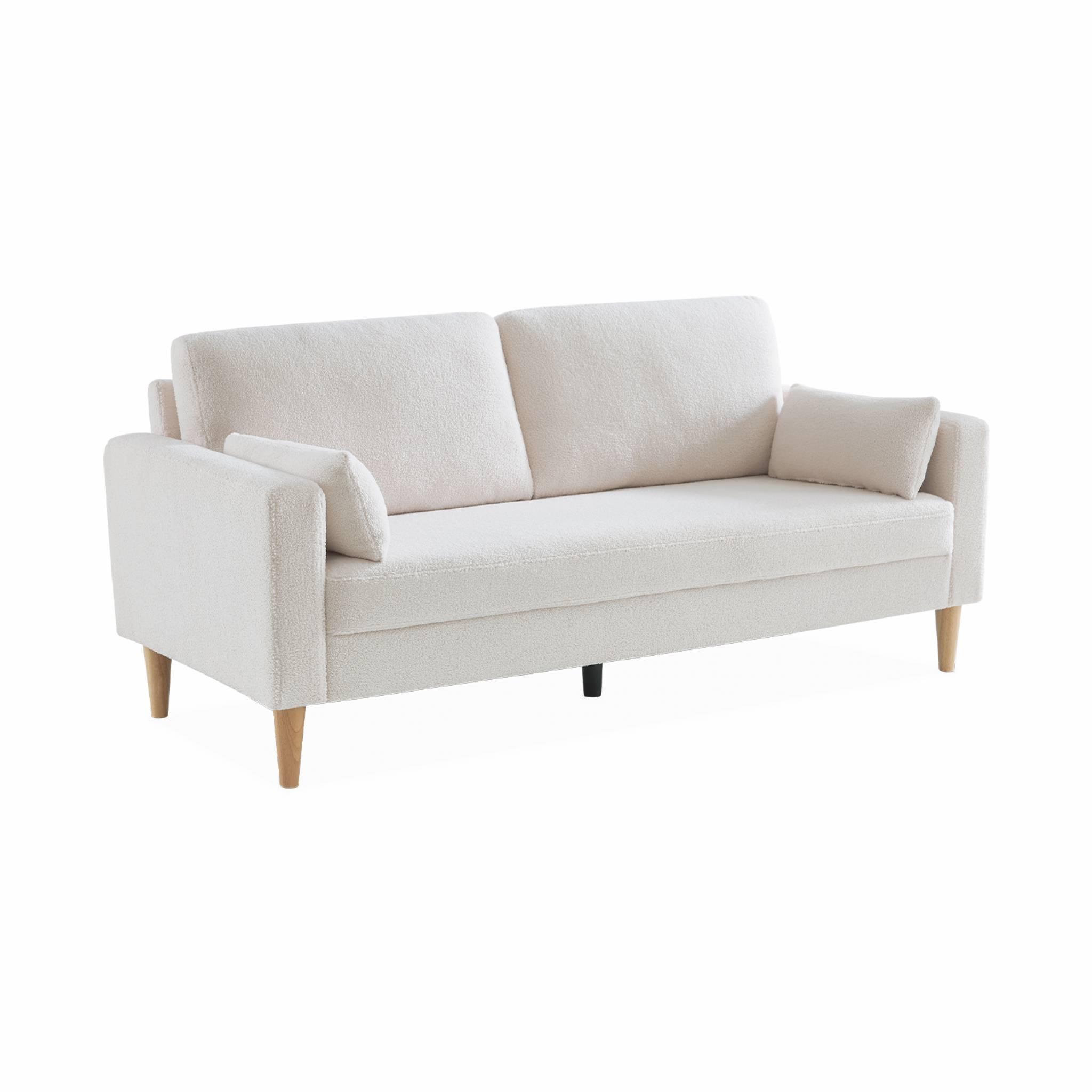 Voir la diapositive 1 : SWEEEK Canapé à bouclettes blanc cassé - Bjorn - Canapé 3 places fixe droit pieds bois. style scandinave