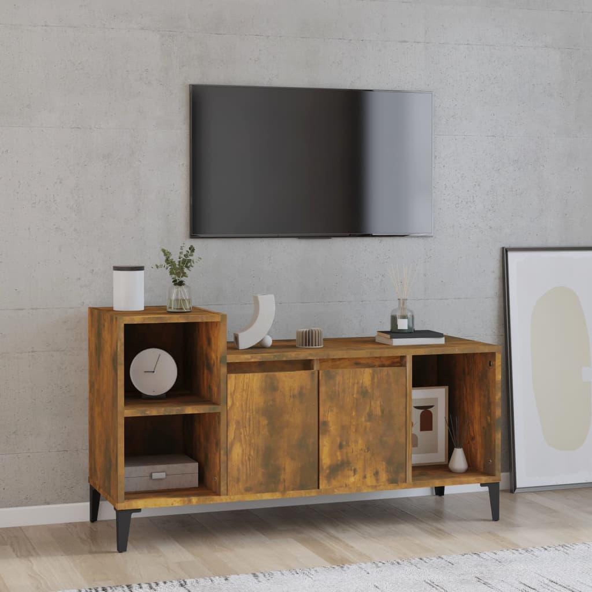 Voir la diapositive 1 : VIDAXL Meuble TV Chene fume 100x35x55 cm Bois d'ingenierie