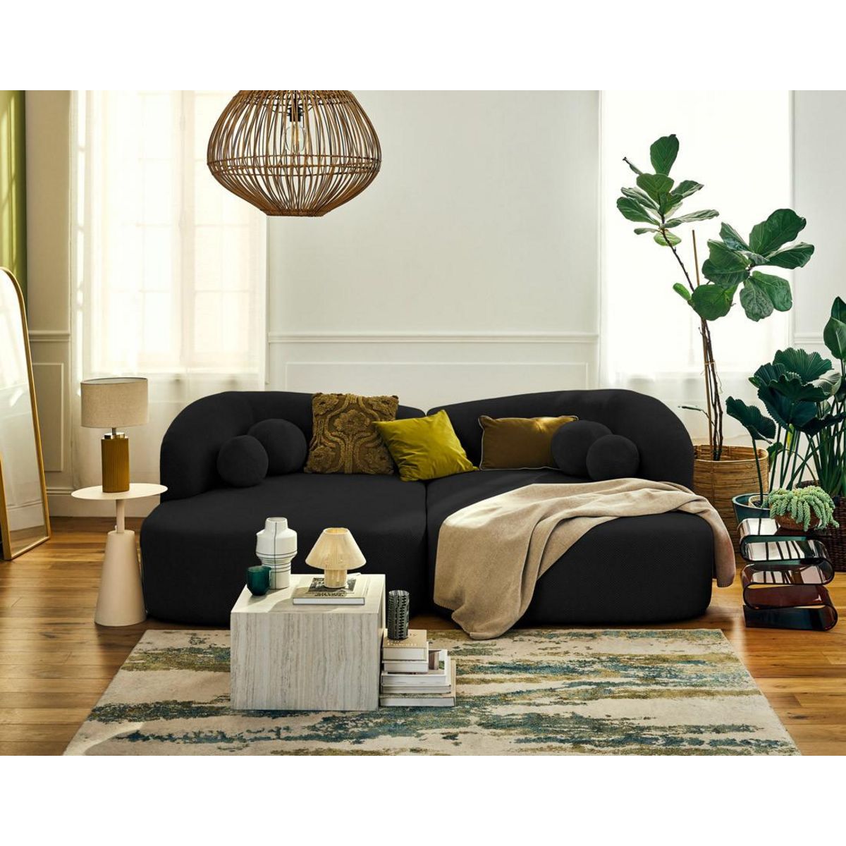 LISA DESIGN Charles - canapé droit 4 places avec double méridienne - assise profonde - en velours texturé