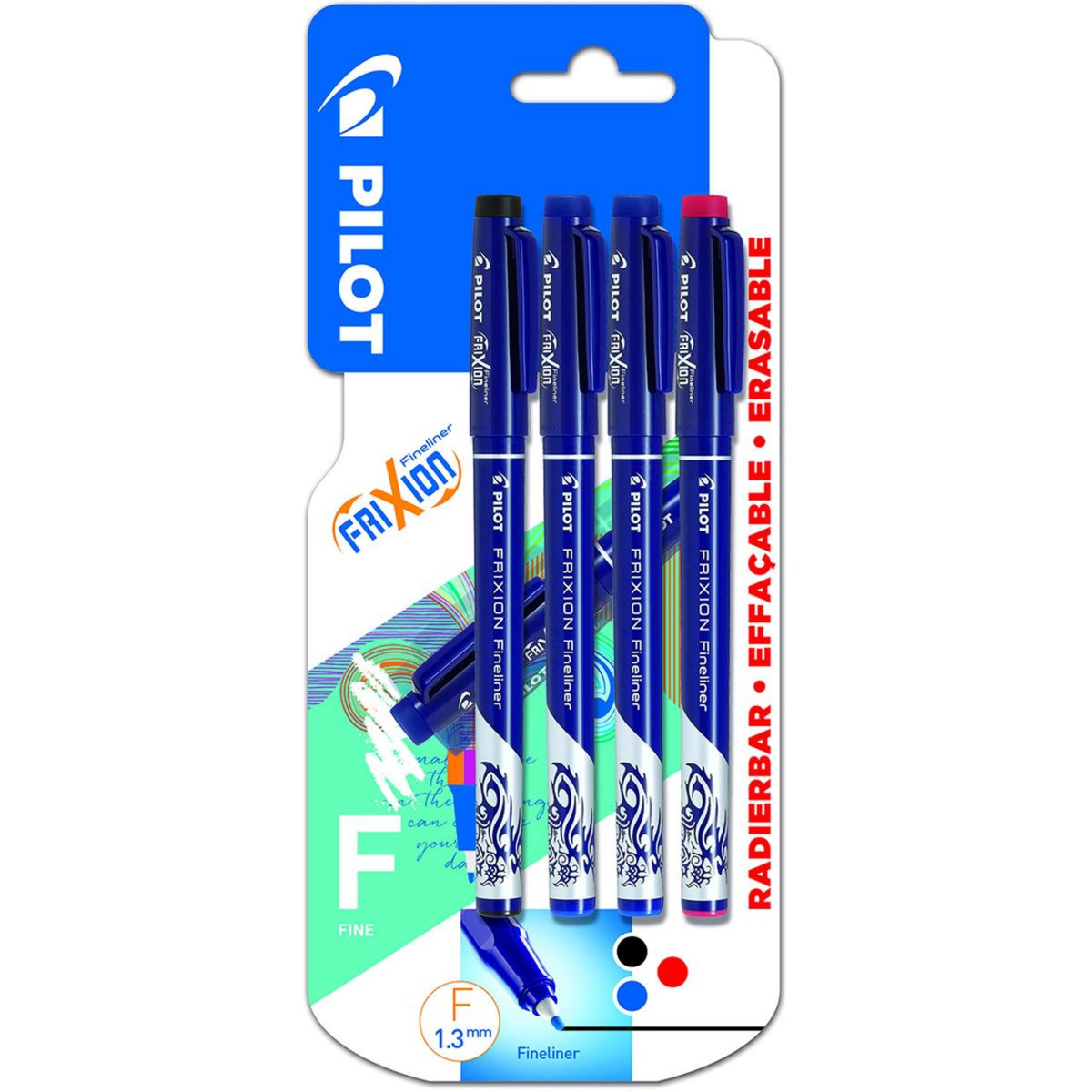 PILOT Lot de 4 feutres d'écriture effacables Frixion Fineliner 1noir/2bleus/1rouge