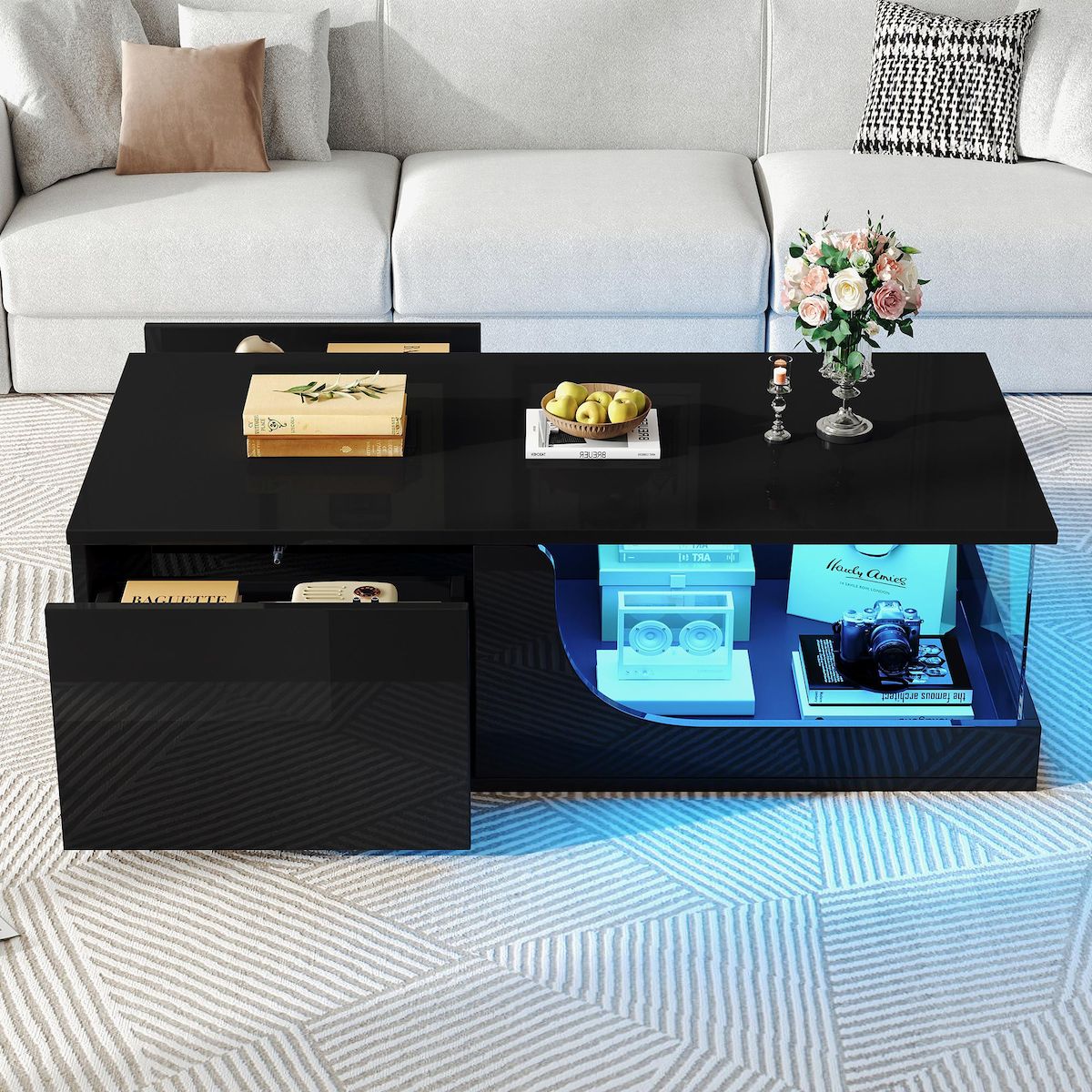 MERAX Table basse rectangulaire noir avec 2 tiroirs - 50x100 cm led mdf