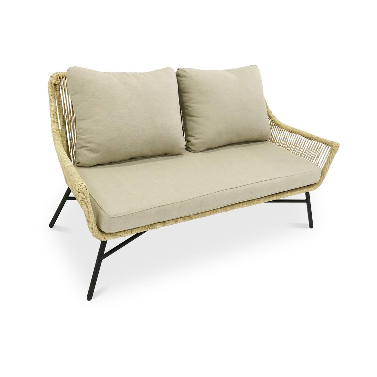 SWEEEK Salon de jardin bas 4 places KUTA – résine tressée effet corde, coussins beiges