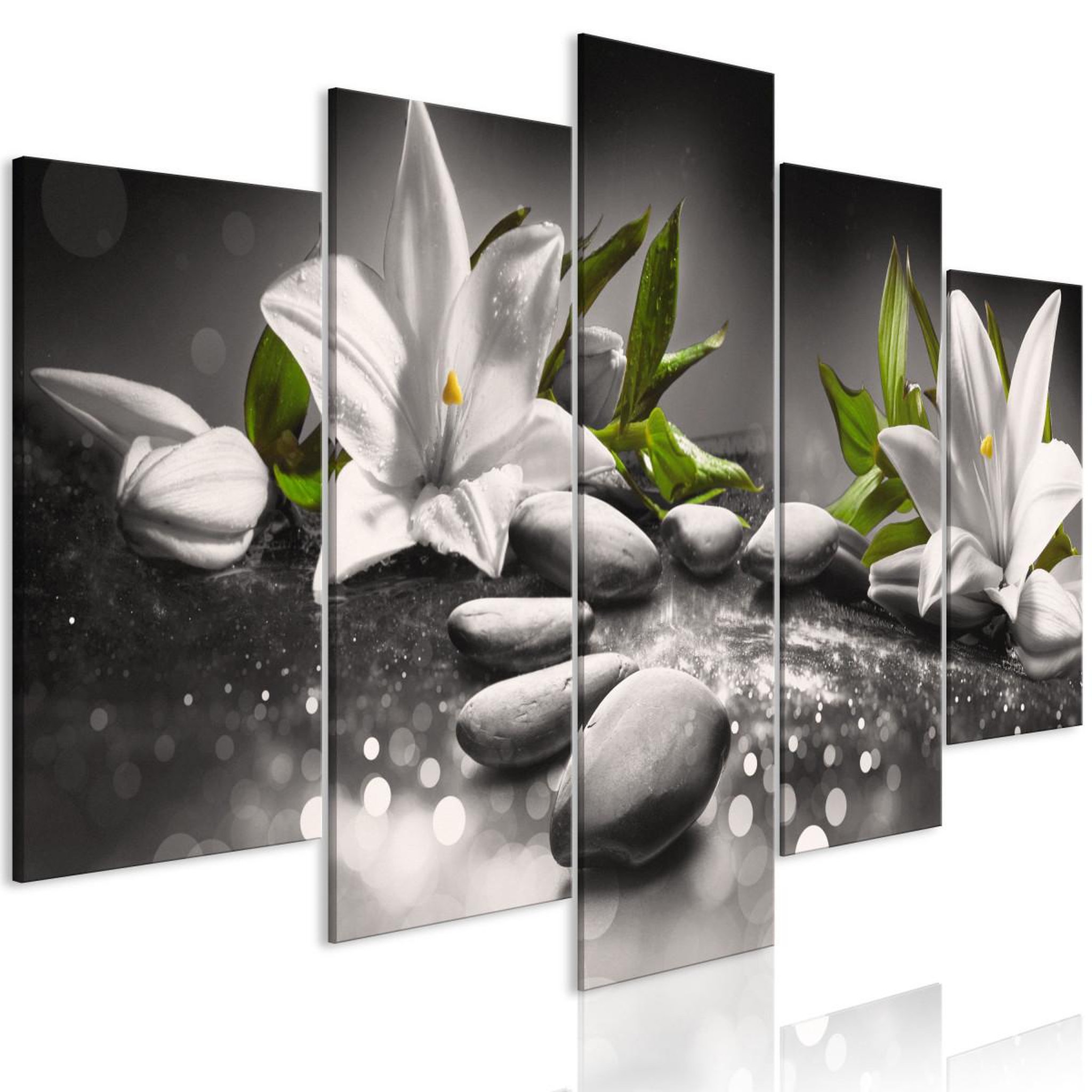 Paris Prix Tableau 5 panneaux  lilies & stones wide grey. Coloris disponibles : Multicolore
