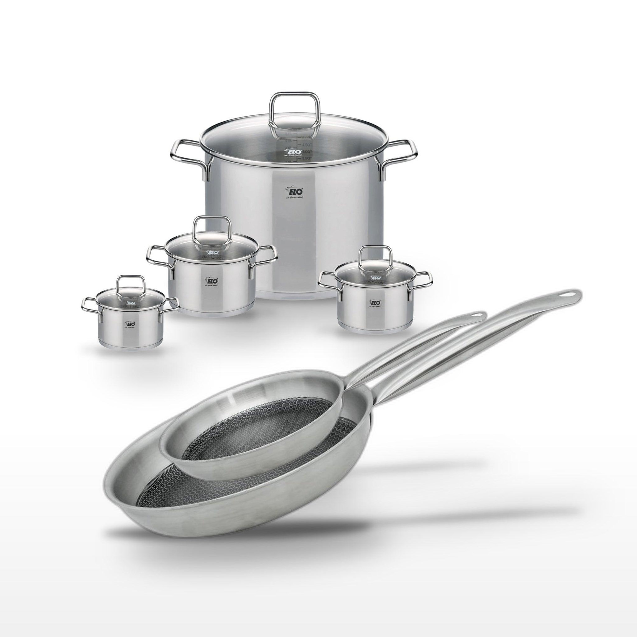 ELO Batterie de cuisine avec 2 faitouts 12/14 cm et 1 faitout 16 cm et 2 poêles 24/28 cm en inox sans pfas elo collection relief solution citrin