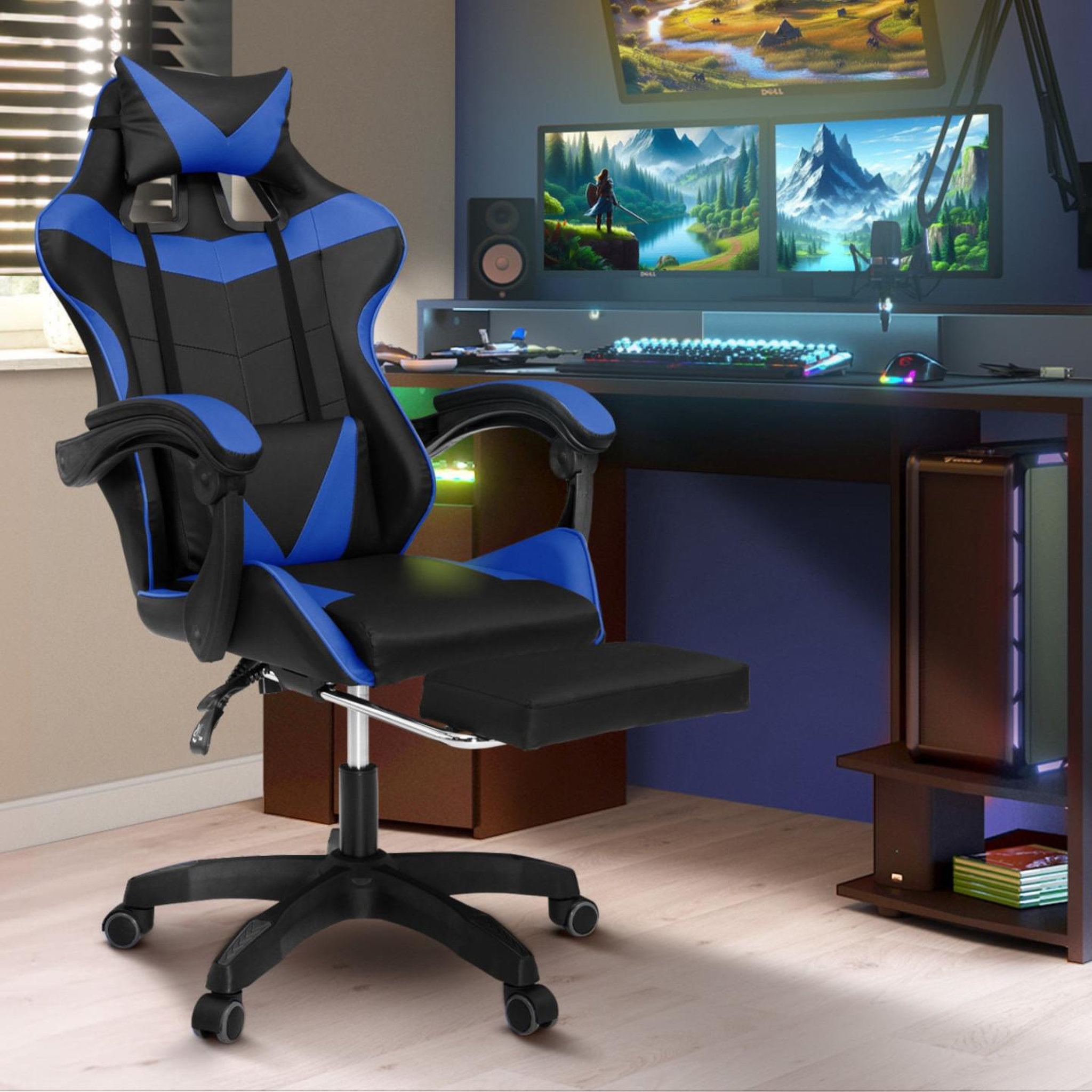 Voir la diapositive 2 : ID MARKET Fauteuil de gaming alex réglable avec repose-pied, coussin de tête et coussin lombaire noir et bleu