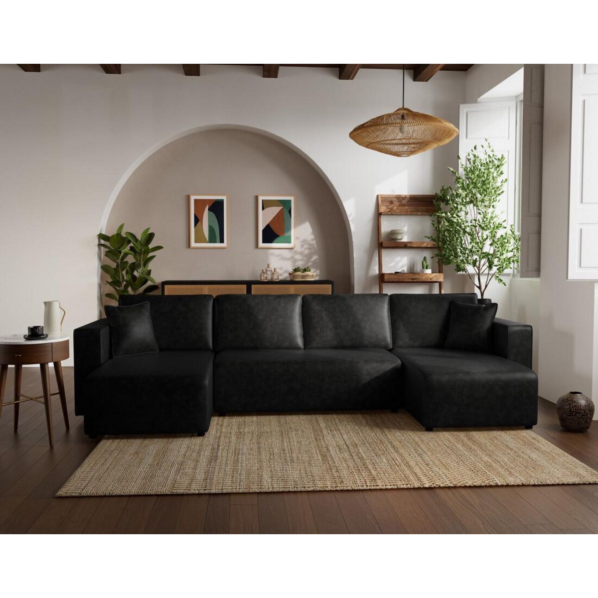 BEST MOBILIER Topaze - canapé panoramique en u 7 places convertible avec coffre en simili