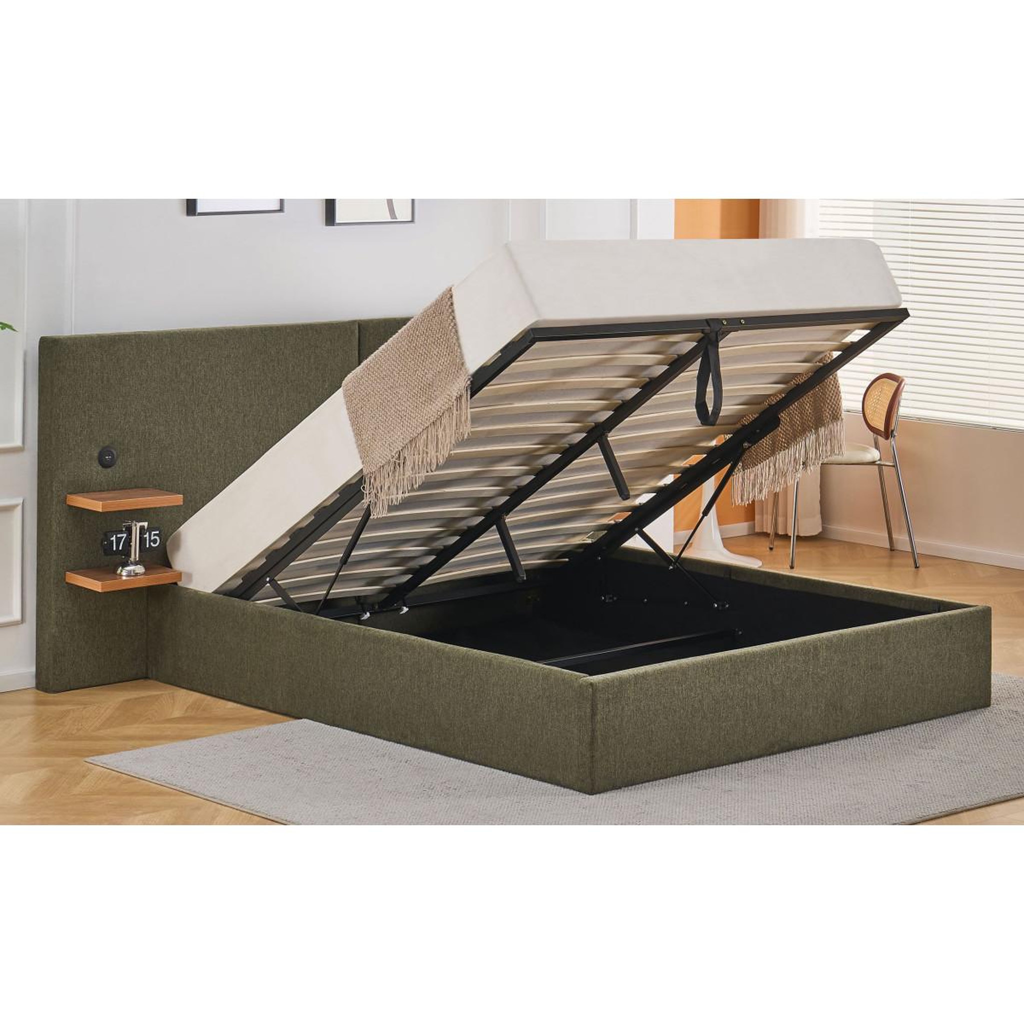 Voir la diapositive 4 : Paris Prix Lit coffre avec tablettes & usb  mike  160x200cm vert
