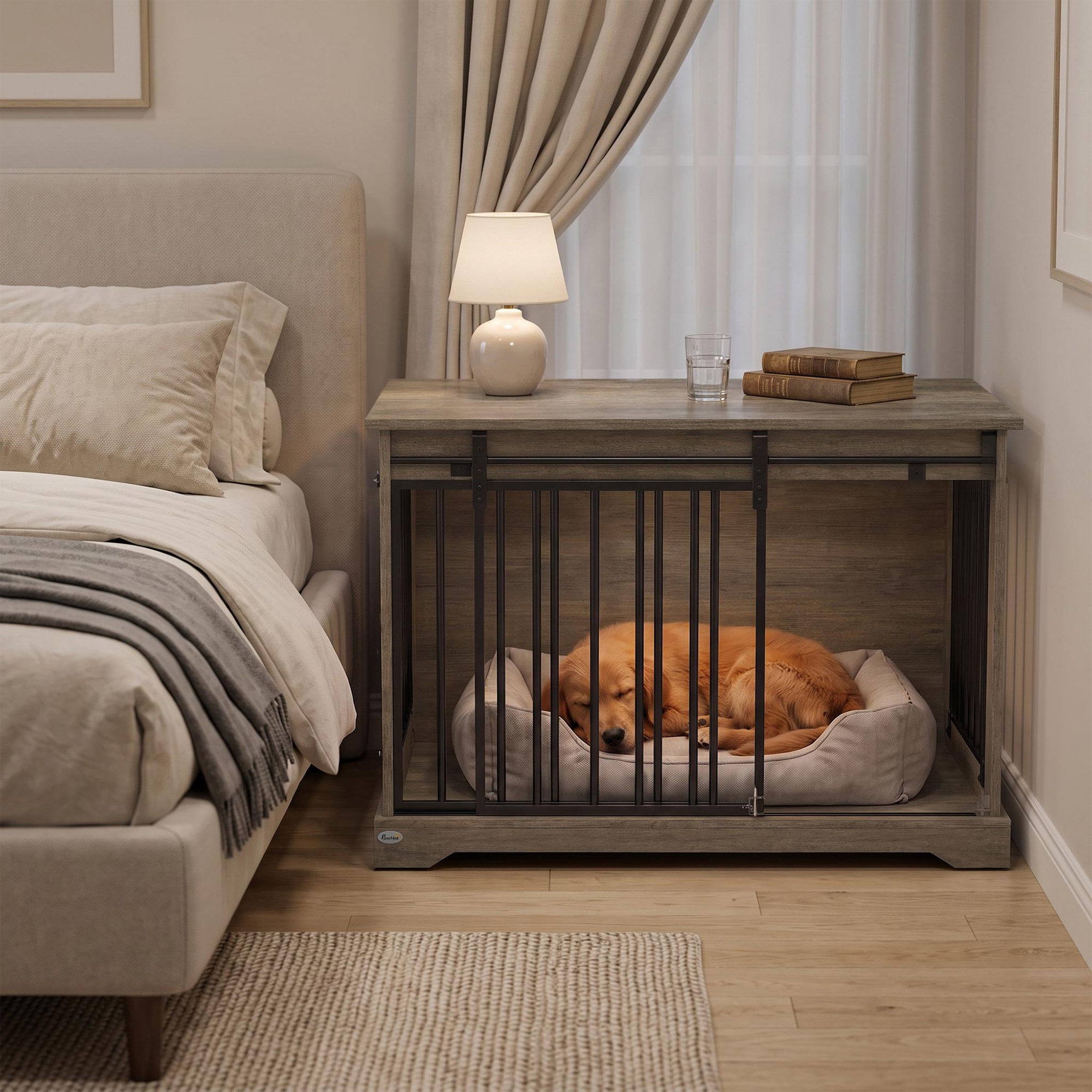 Voir la diapositive 4 : PAWHUT Cage chien design bois métal 100 x 60 x 68 cm porte coulissante et battante