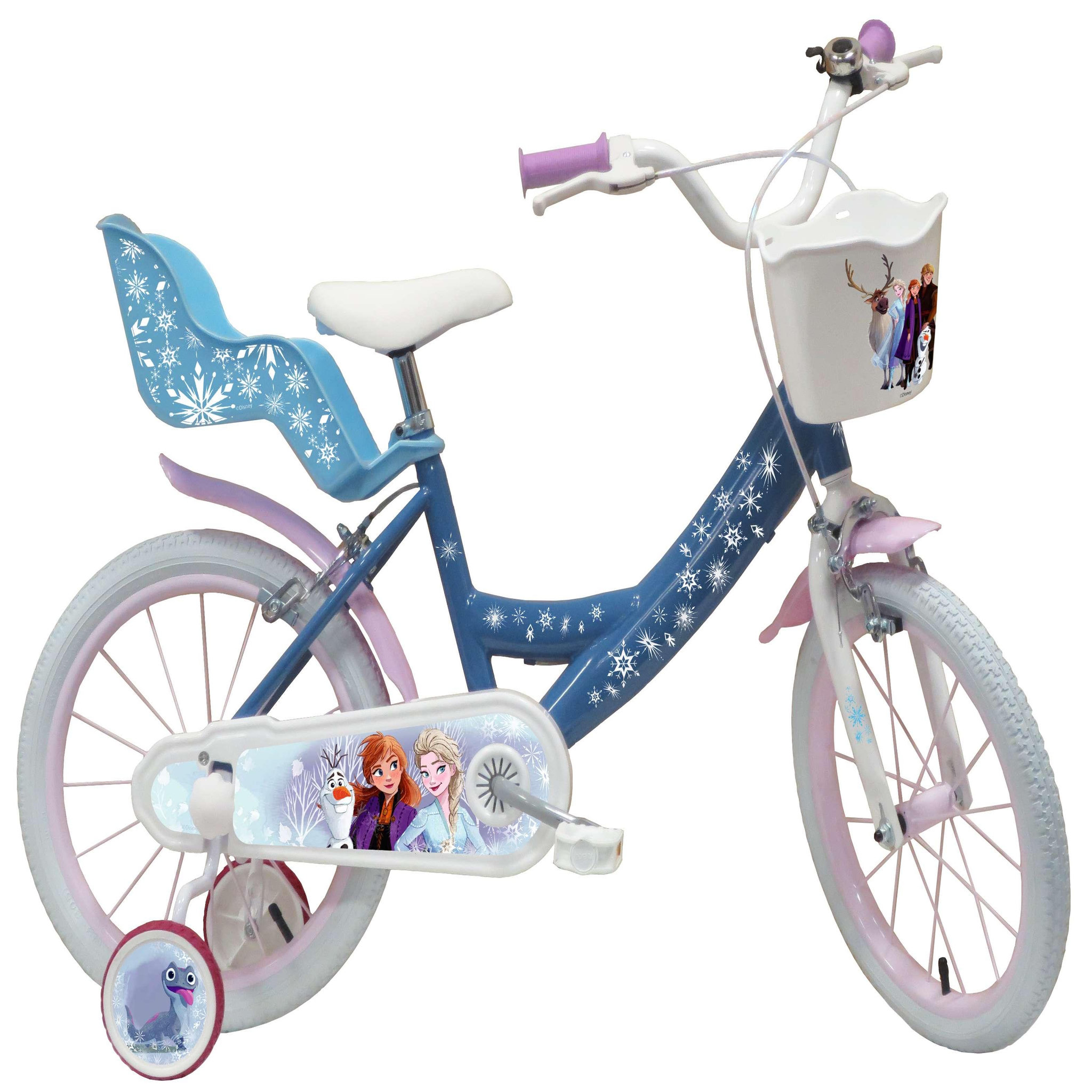 Disney La Reine des Neiges Vélo enfant 16'' Fille - Modèle Reine des neiges pour taille de 105 à 120 cm - Stabilisateurs - Panier avant - Porte poupée arrière - 2 freins & Pneus gonflables