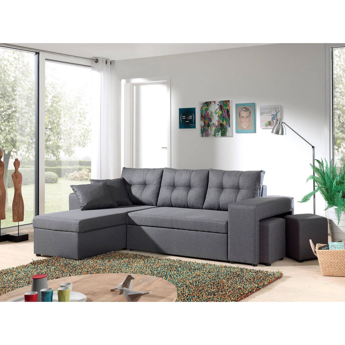 BEST MOBILIER California - canapé d'angle réversible et convertible avec coffre de rangement - gris - gris