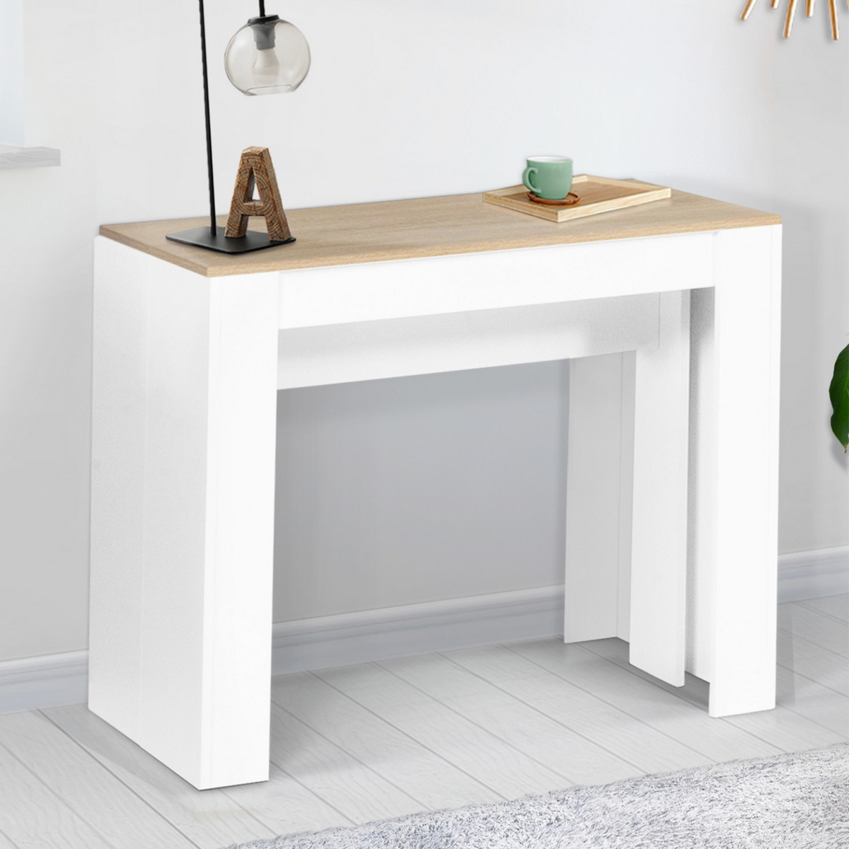 ID MARKET Table console extensible ORLANDO 10 personnes 235 cm bois blanc et façon hêtre