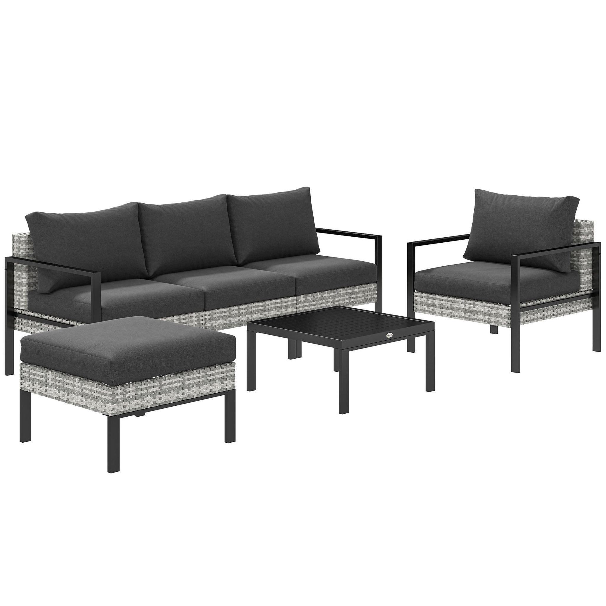 OUTSUNNY Ensemble salon de jardin 5 places 4 pièces coussins anthracite métal époxy noir résine tressée 2 fils gris