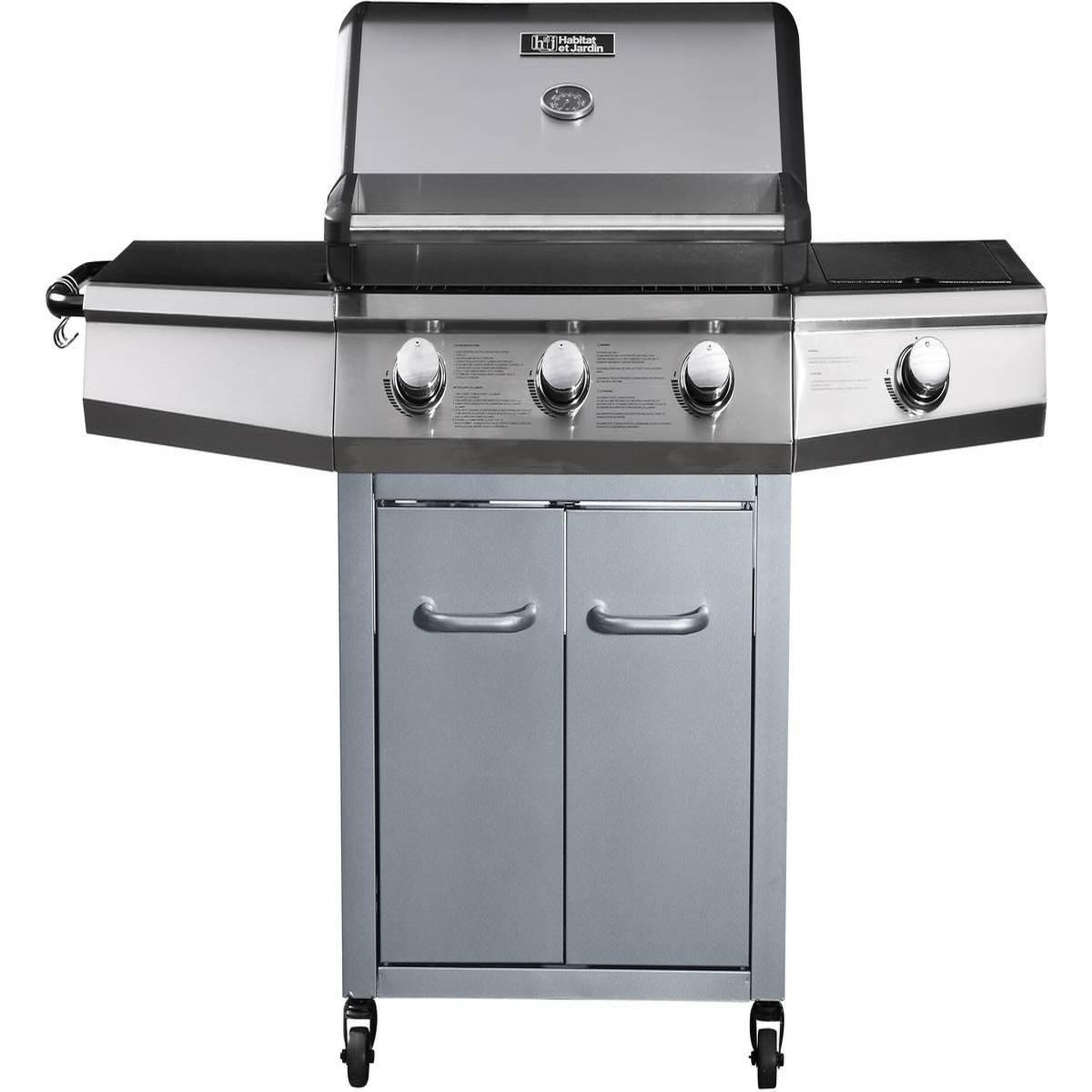 Voir la diapositive 2 : Habitat et Jardin Barbecue Gaz avec LED  Bingo 4  - 4 brûleurs dont 1 latéral - 14kW + Housse protection - Argenté