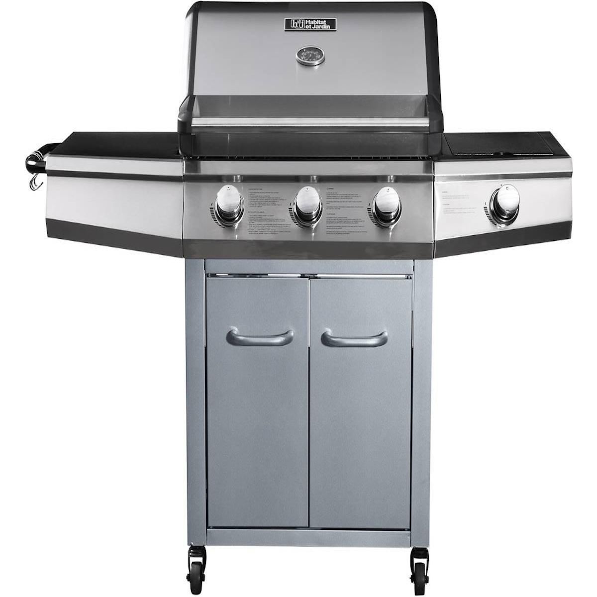 Habitat et Jardin Barbecue Gaz avec LED  Bingo 4  - 4 brûleurs dont 1 latéral - 14kW + Housse protection - Argenté