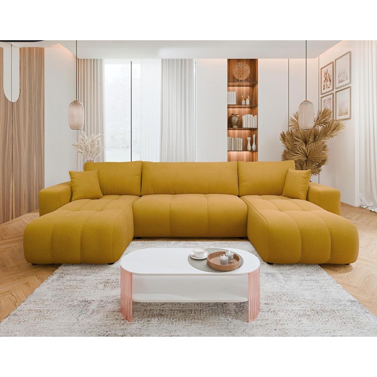 BEST MOBILIER Nicole - canapé panoramique en u 7 places convertible avec coffre en tissu