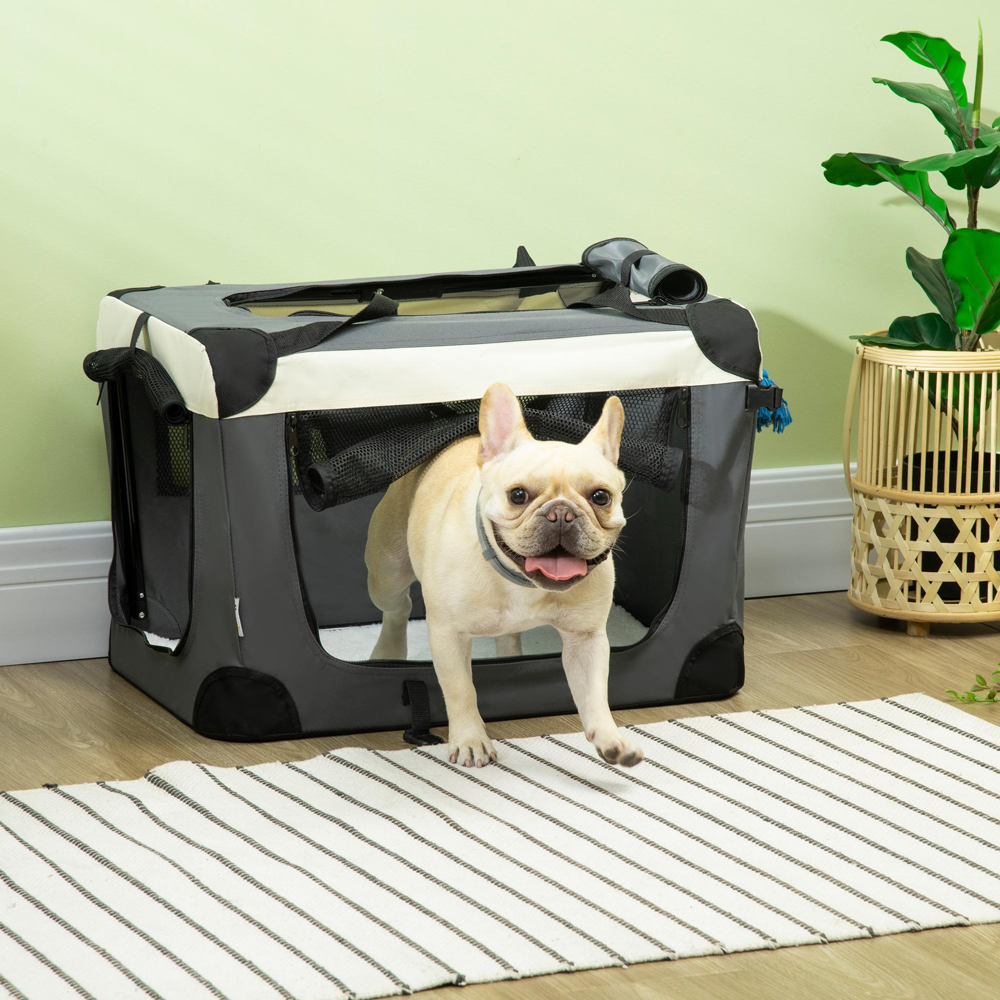 Voir la diapositive 2 : PAWHUT Sac de transport pour chien et chat pliable - poignée, 3 entrées zippées, poche - coussin amovible inclus - acier oxford polyester gris noir