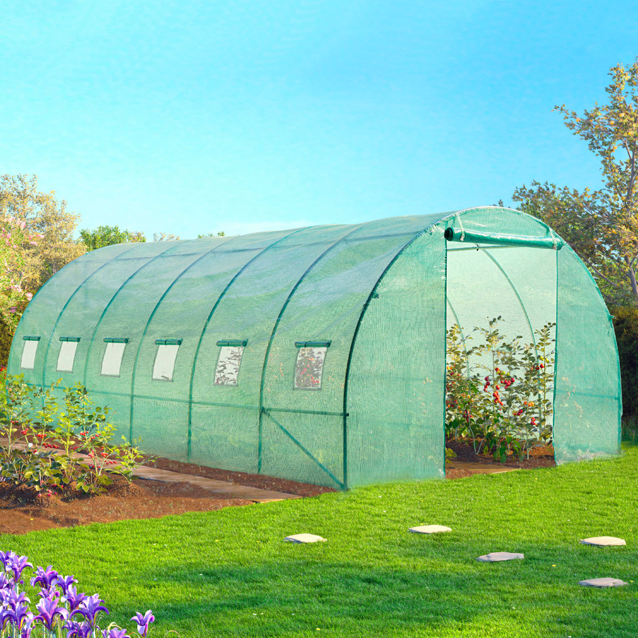 Voir la diapositive 5 : ID MARKET Serre de jardin tunnel 18m² 6 x 3 x 2 m acier galvanisé + bâche anti-uv avec porte et fenêtres crimée verte toutes saisons