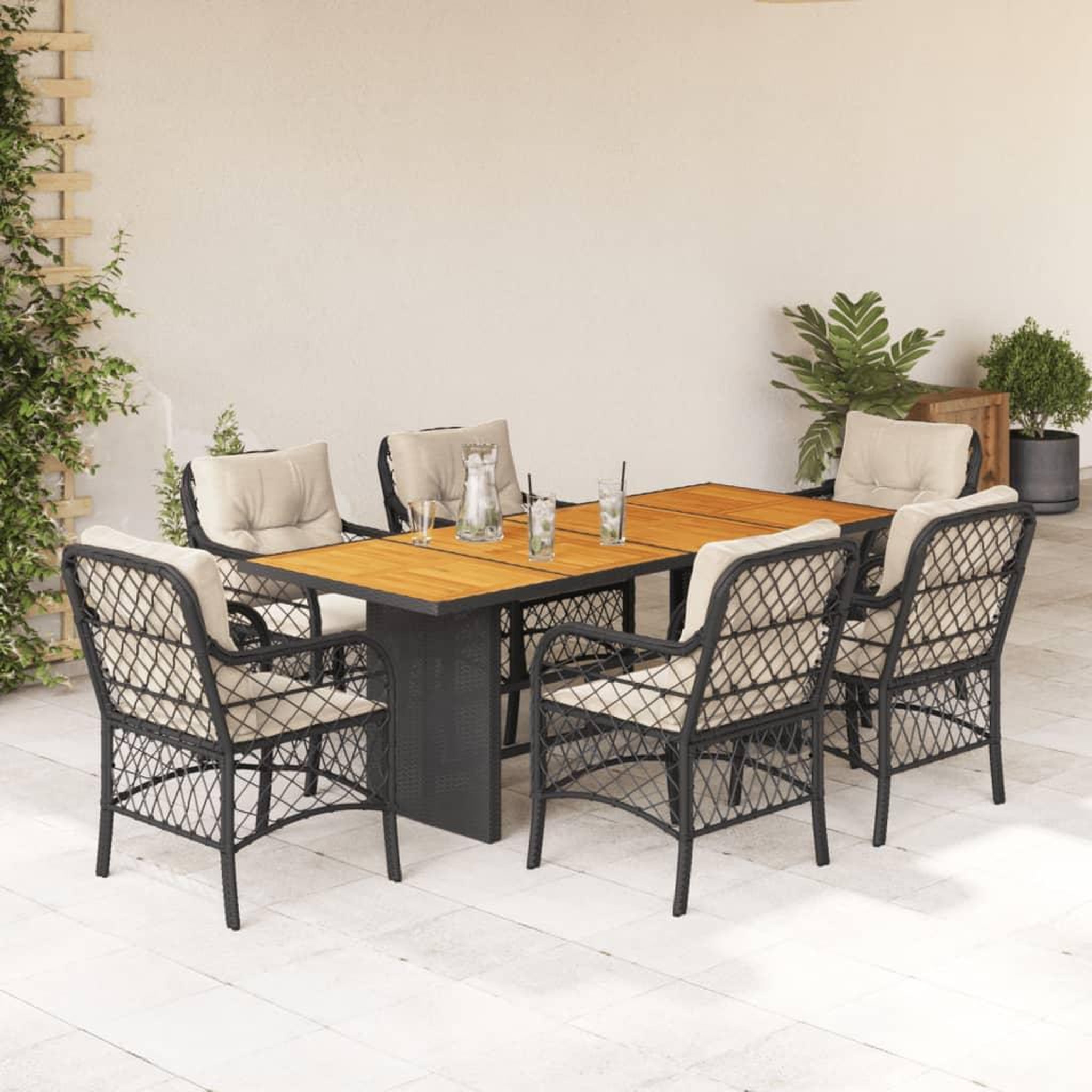 VIDAXL Ensemble a manger de jardin coussins 7pcs Noir Resine tressee
