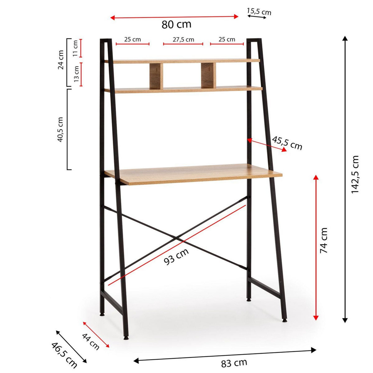 VS VENTA-STOCK Bureau Blanca noir, 1 étagère, style industriel, 83 cm longueur
