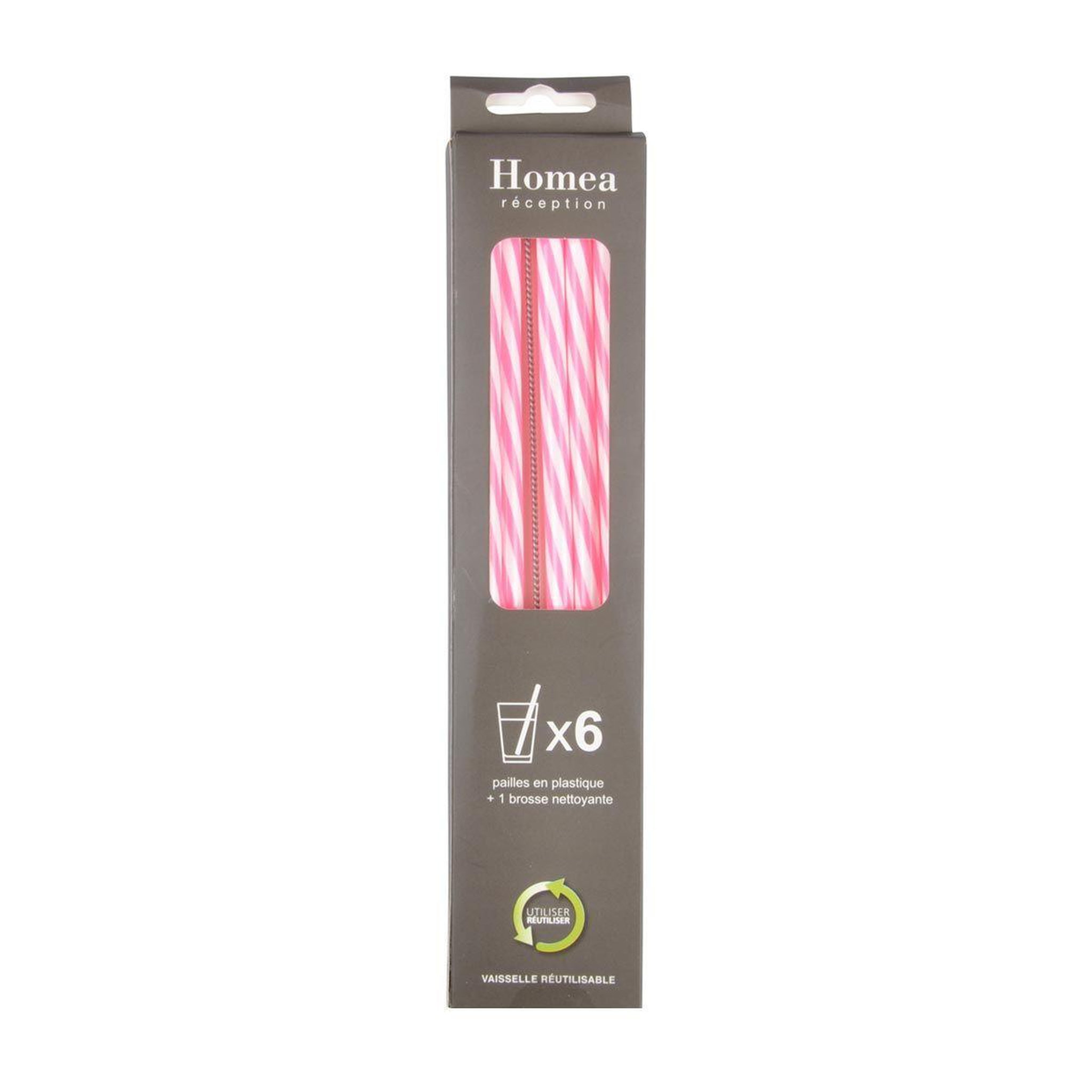 Voir la diapositive 2 : HOMEA Lot de 6 Pailles & Brosse  Réutilisables  23cm Rose