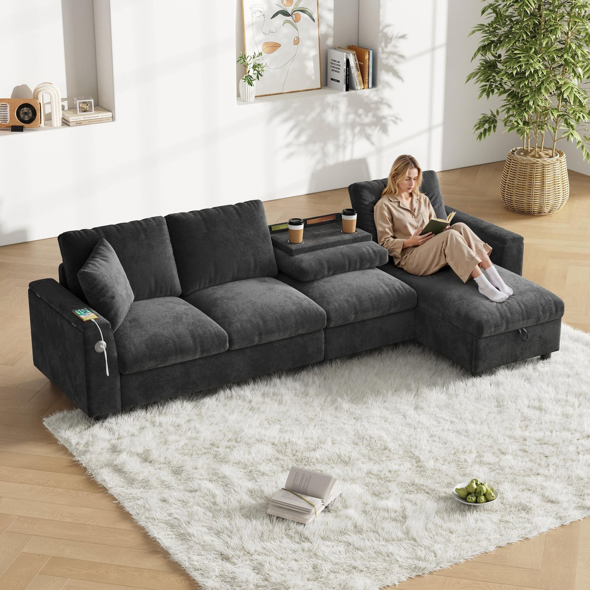 MERAX Canapé d'angle réversible fixe 4 places tissu coffre de rangement