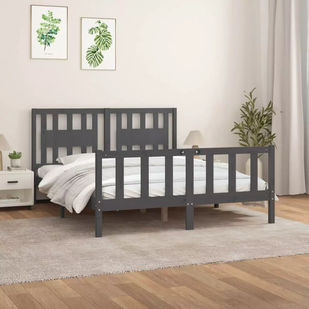 VIDAXL Cadre de lit et tete de lit gris bois de pin massif 150x200 cm