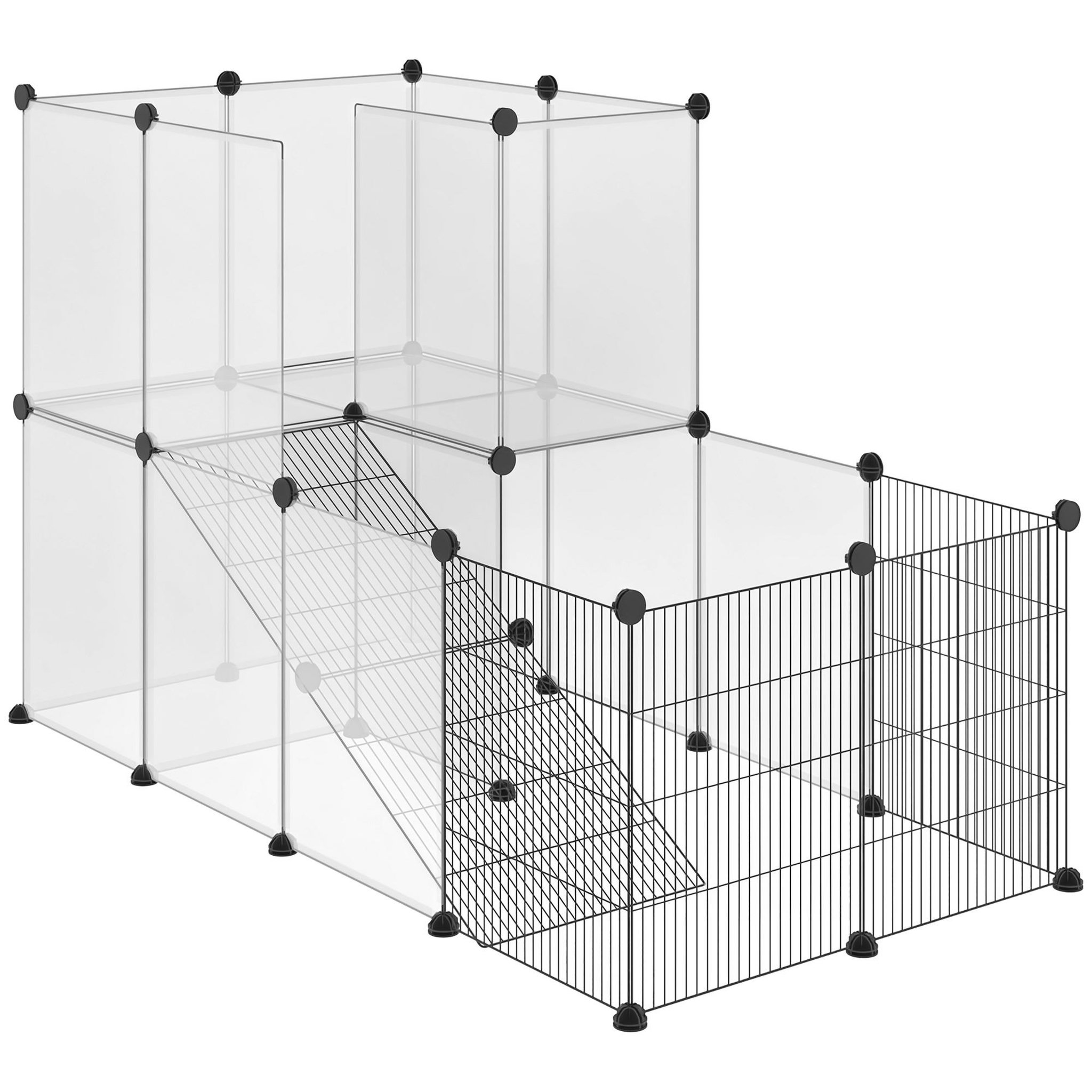 PAWHUT Cage parc enclos modulable rongeurs 2 niveaux 27 panneaux fil métallique noir pp transparent