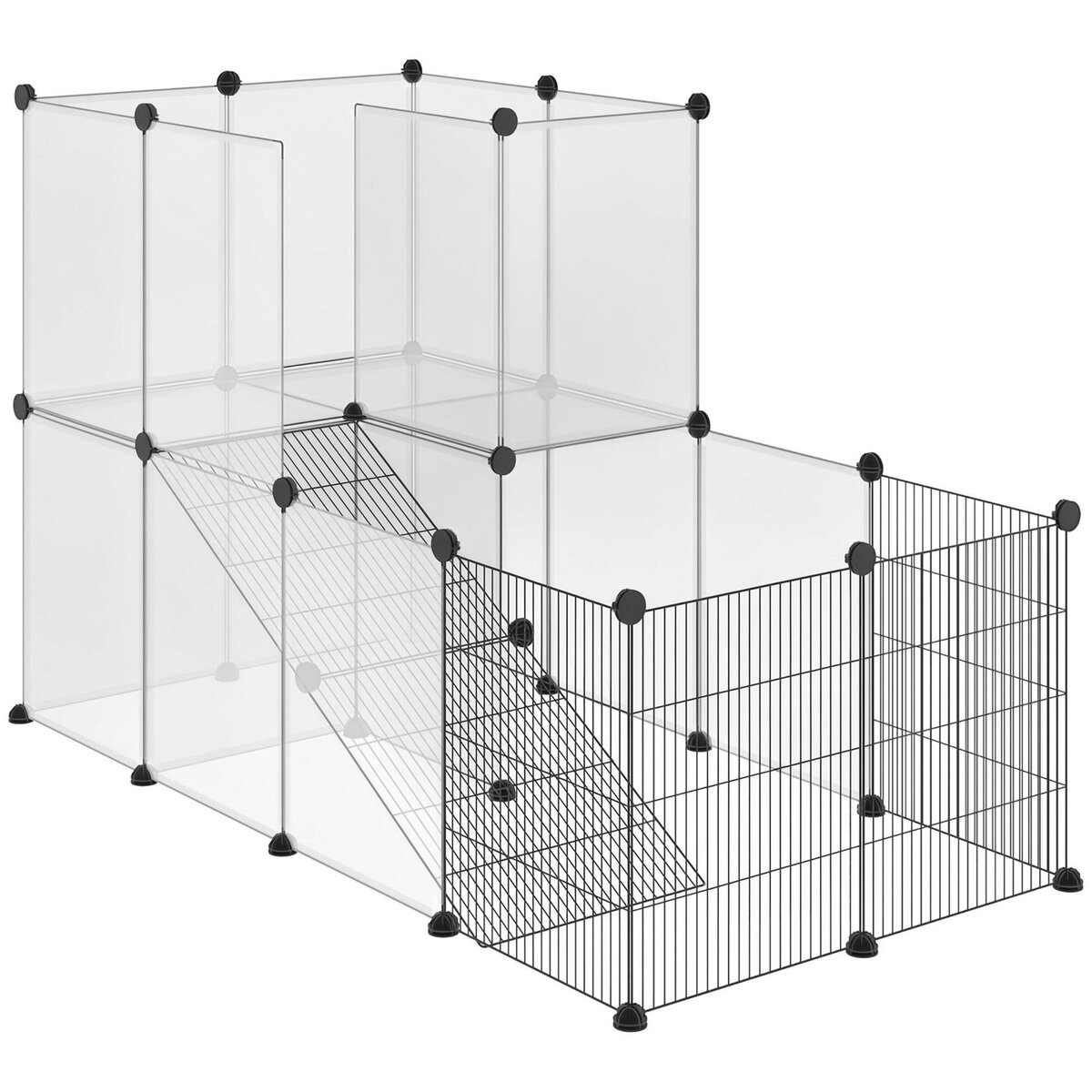 PAWHUT Cage parc enclos modulable rongeurs 2 niveaux 27 panneaux fil métallique noir PP transparent