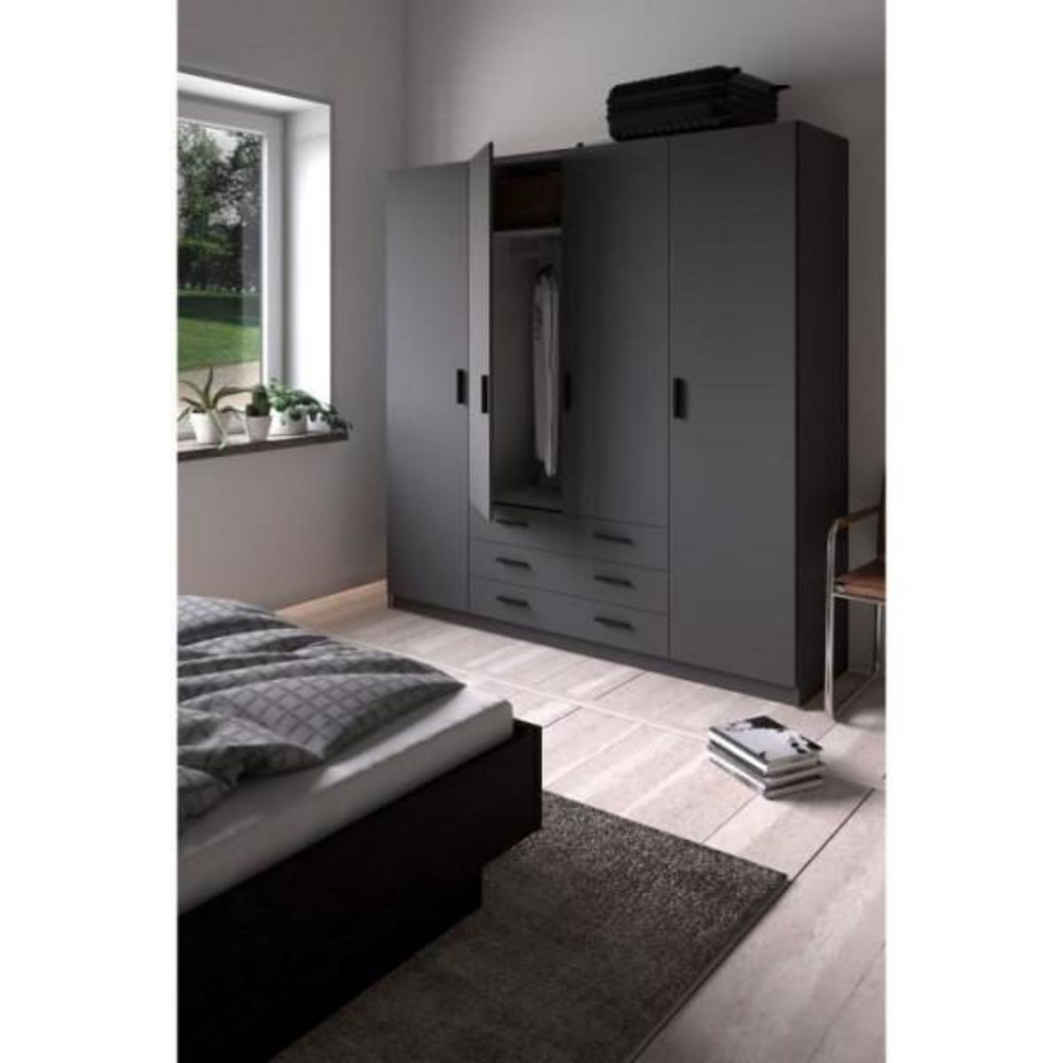 MARKET24 Armoire VEGA - Décor Gris anthracite - 4 portes + 3 tiroirs - L 195,5 x P 49,6 x H 200,4 cm