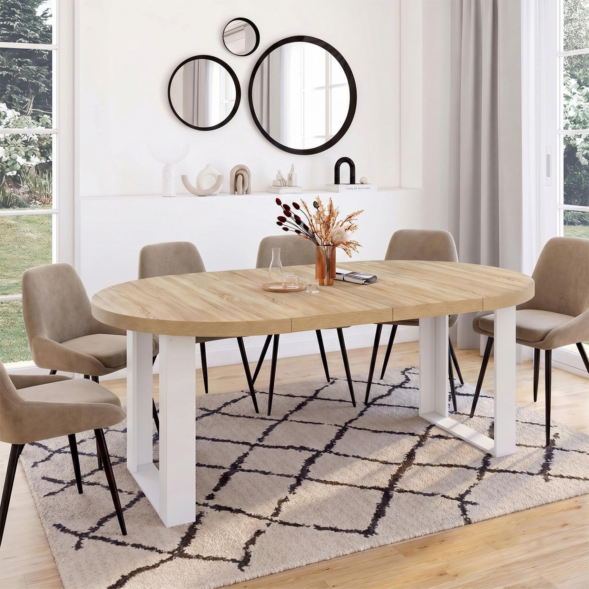 Voir la diapositive 2 : ID MARKET Table à manger extensible ronde phoenix 6-10 personnes bois et blanc 140-200 cm