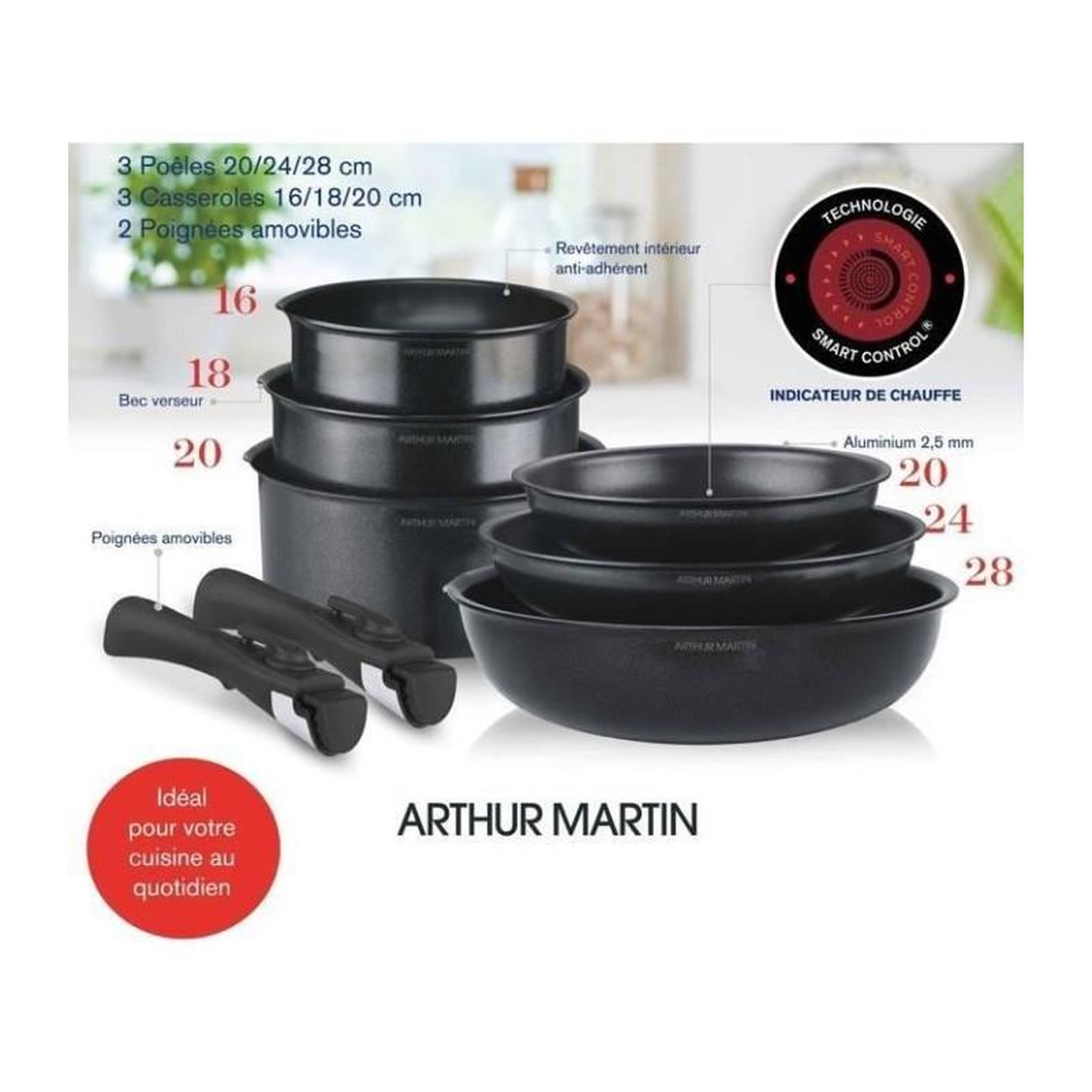 Voir la diapositive 2 : Arthur Martin Batterie de cuisine induction - Arthur Martin - AM925B - Aluminium - 8 pieces - Poignée amovible - Tous feux dont induction