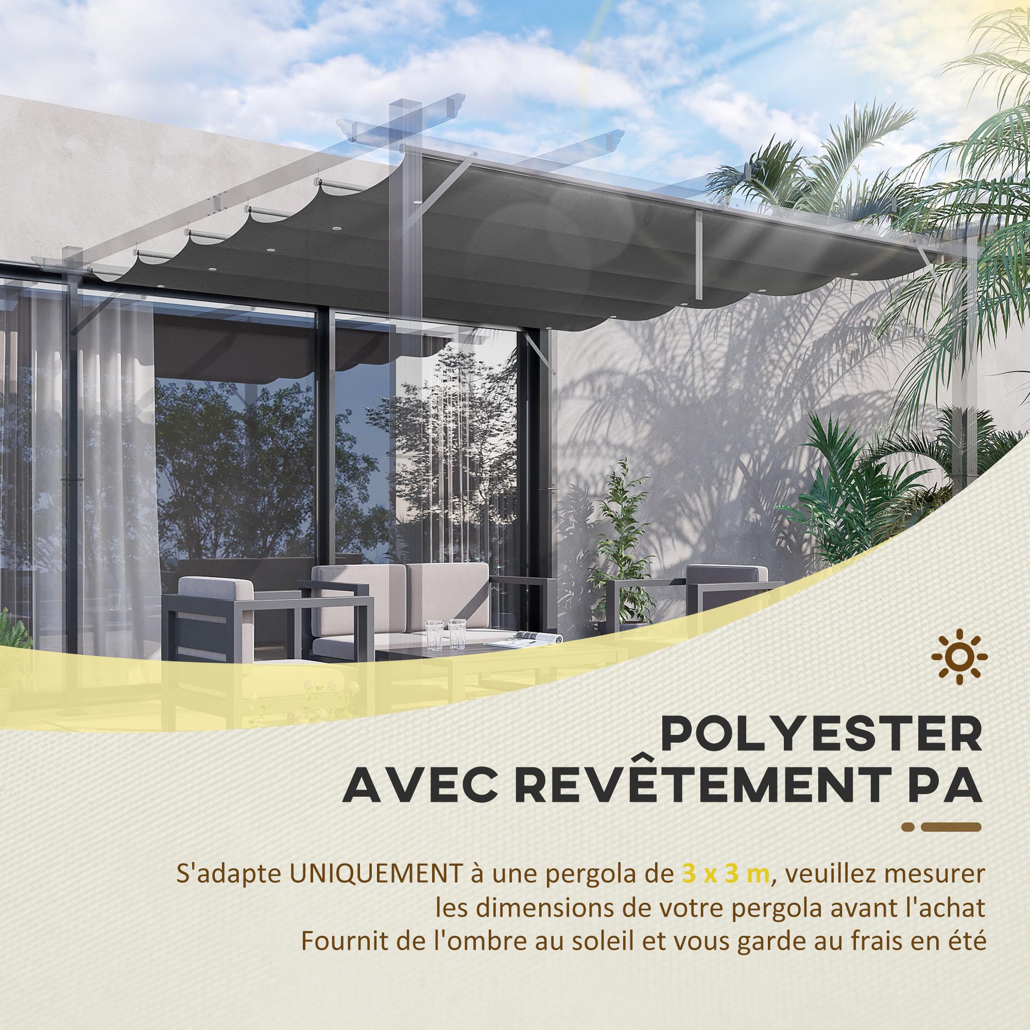 Voir la diapositive 4 : OUTSUNNY Toile de rechange pour pergola rétractable 3 x 3 m polyester haute densité 180 g/m² imperméabilisé gris