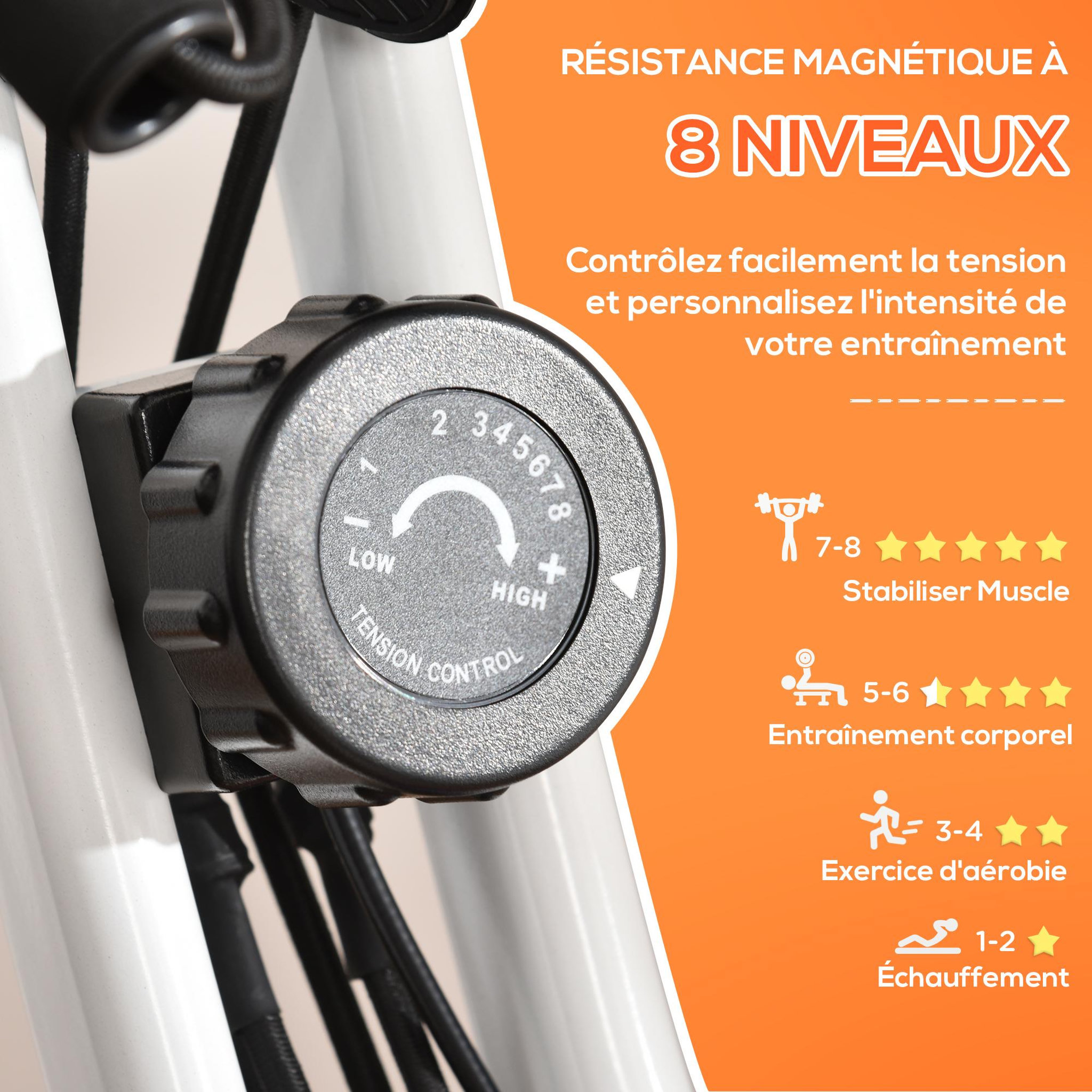 Voir la diapositive 6 : HOMCOM Vélo d'appartement pliant 8 niveaux de résistance magnétique dossier selle réglable poignées ergonomiques écran LCD multifonction suspensions support tablette acier