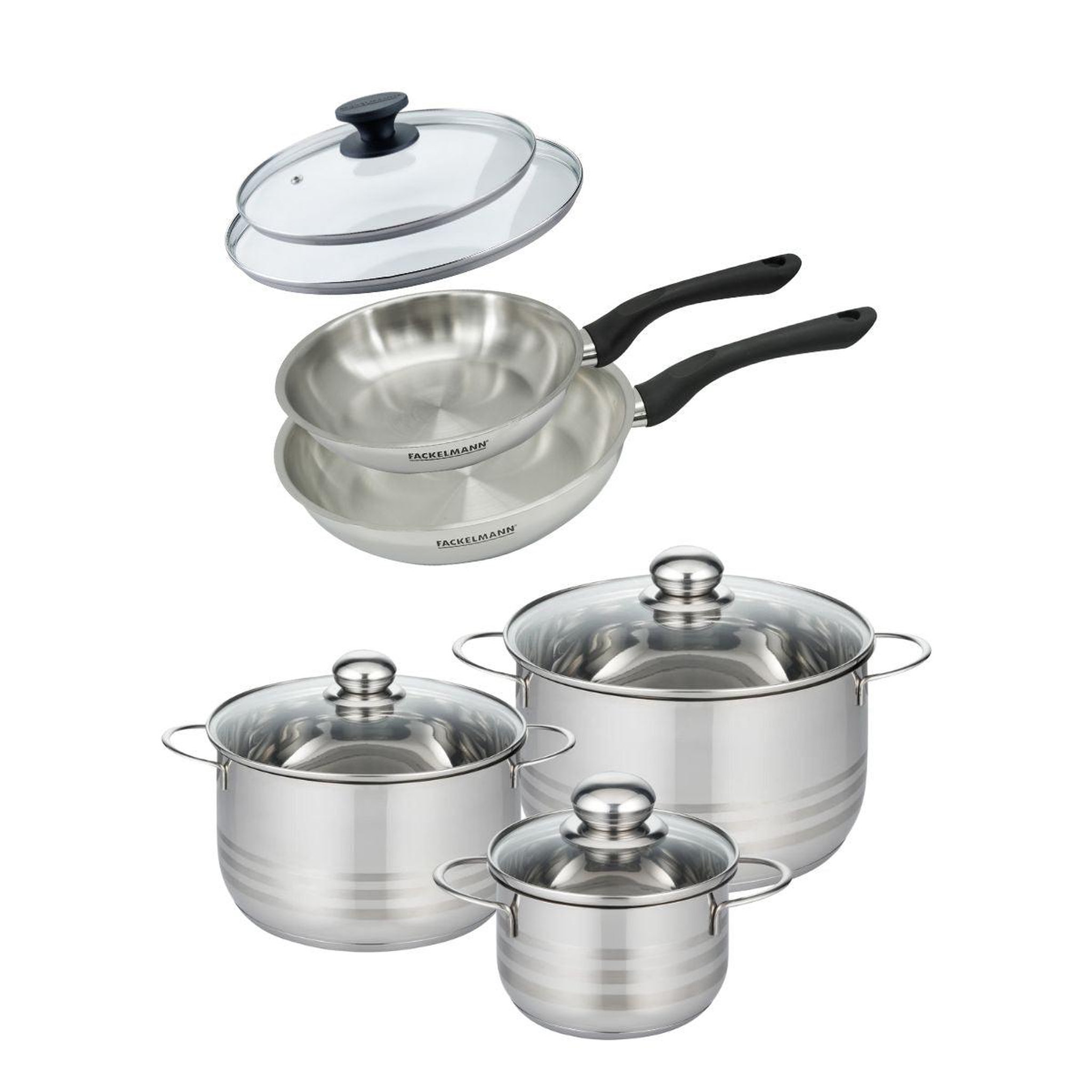 Fackelmann Batterie de cuisine avec 2 poêles 20/24 cm et 3 faitouts 16/20/24 cm sans pfas fackelmann généva brillant avec couvercles