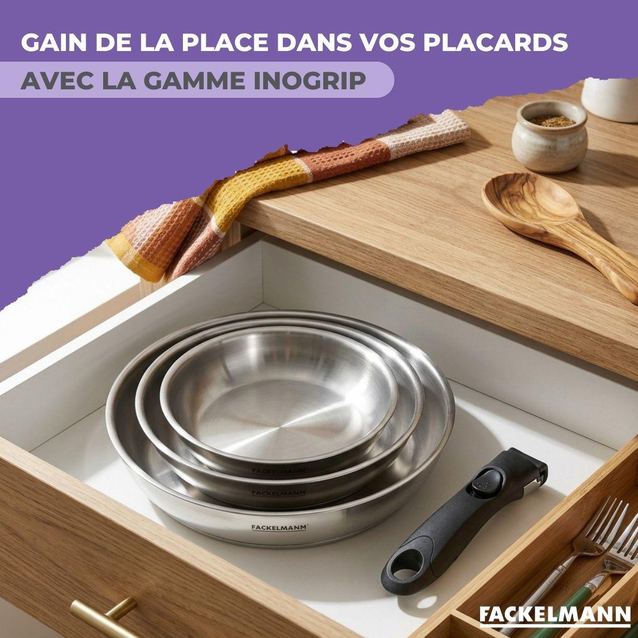 Voir la diapositive 6 : Fackelmann Lot de 1 poêle 24 cm en inox et 1 manche amovible fackelmann inogrip