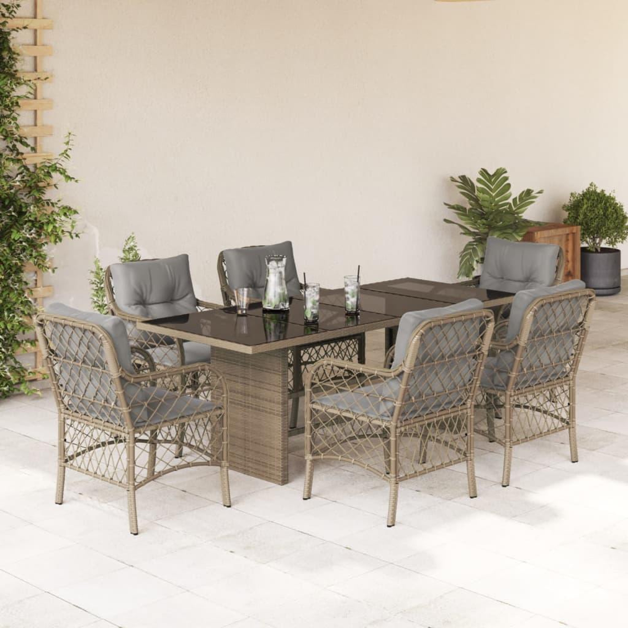 VIDAXL Ensemble a manger de jardin coussins 7 pcs melange beige rotin