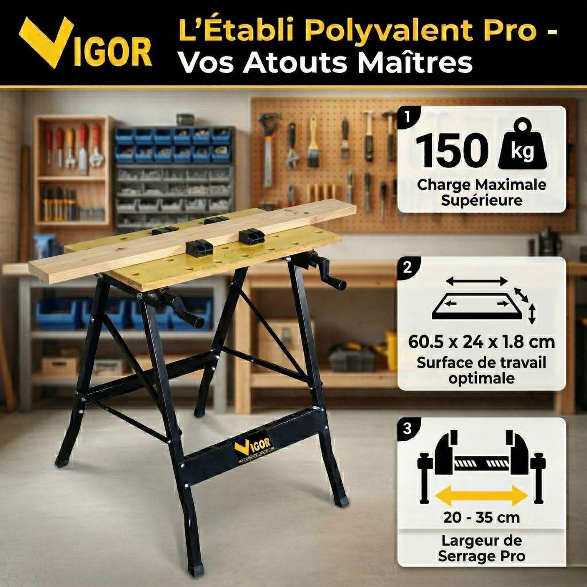Voir la diapositive 2 : INTEC Etabli pliable multiposition charge 150kg - table de travail portable etau réglage 20 à 35 cm bricolage sciage ateliers intec