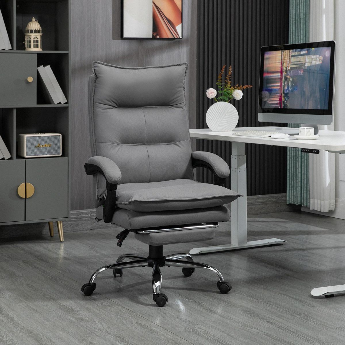 VINSETTO Fauteuil de bureau massant chauffant inclinable réglable repose-pieds rétractable microfibre gris