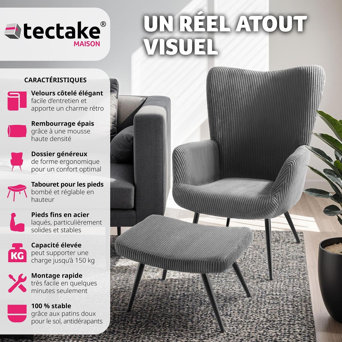 tectake Fauteuil rembourré Velours côtelé large anthracite/noir