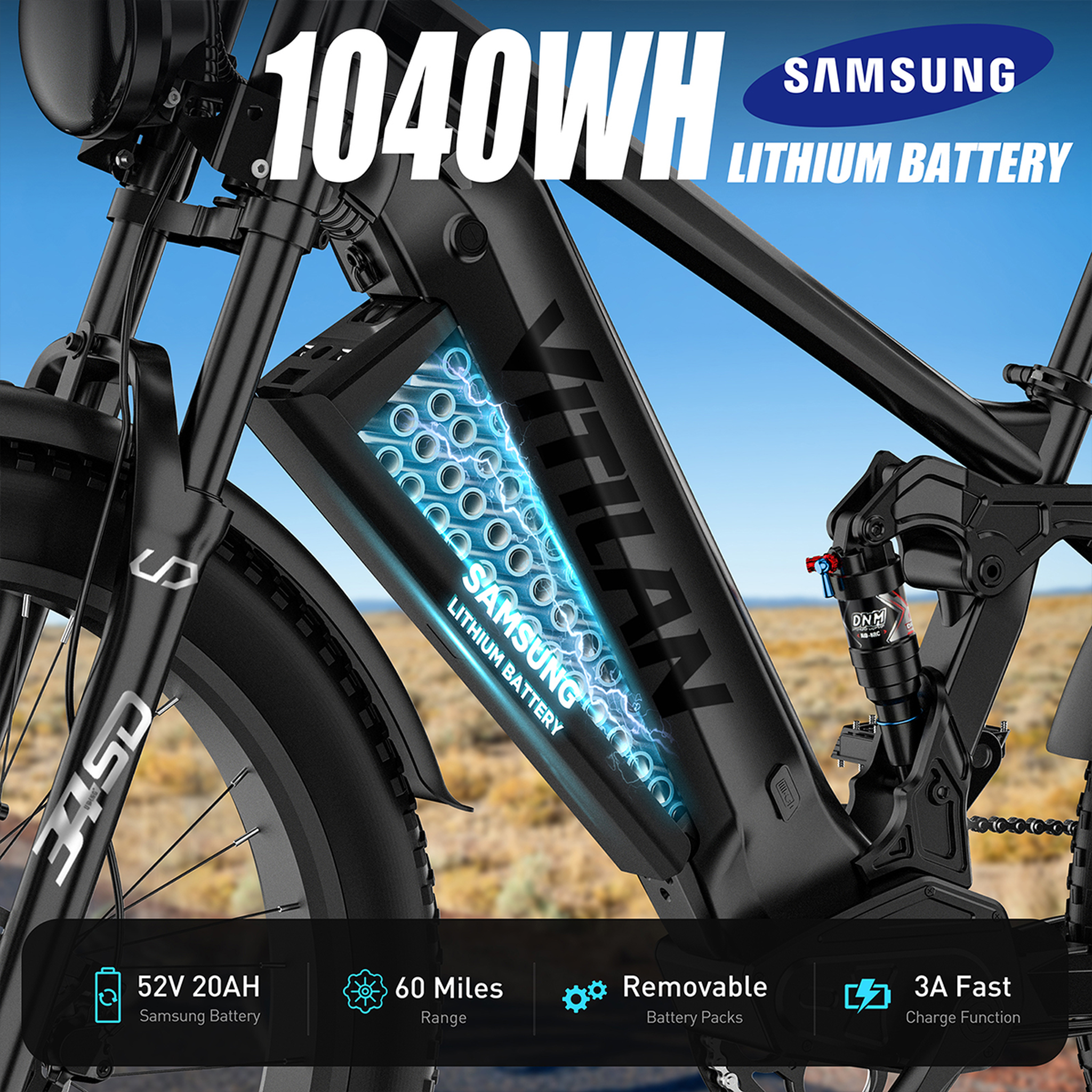 Voir la diapositive 3 : VITILAN Vélo électrique VITILAN T7 PRO - Batterie 52 V 20 Ah 1040 Wh - 8 vitesses