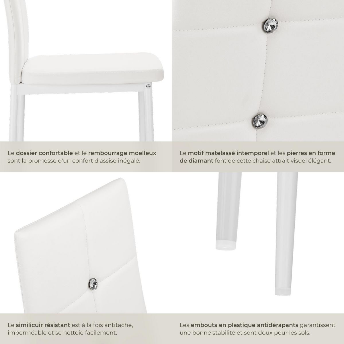 tectake Ensemble de chaises de salle à manger rembourré avec revêtement aspect cuir blanc Lot de 8