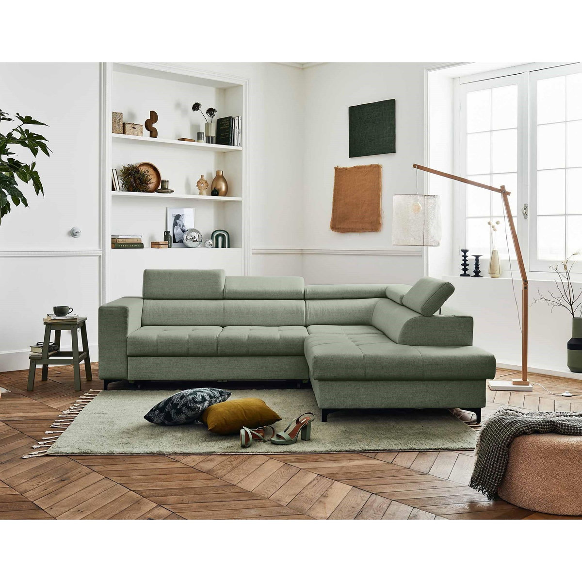 LISA DESIGN Olinda - canapé d'angle droit - 5 places - convertible avec coffre et têtières réglables - en tissu