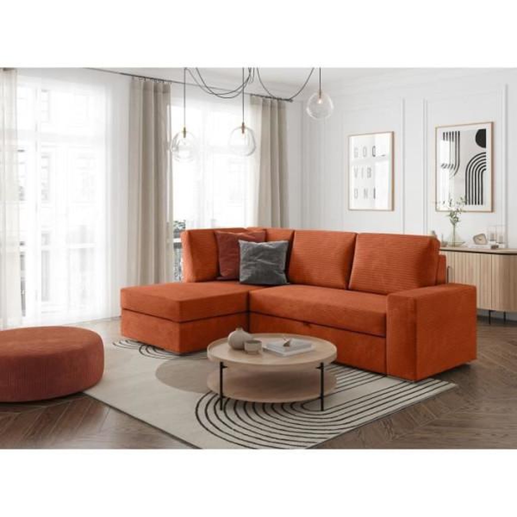 Voir la diapositive 2 : LOUNGITUDE Canapé d'angle gauche 3 places convertible ADEN avec coffre en velours côtelé - Terracotta - L246 x P174 x H96cm - LOUNGITUDE