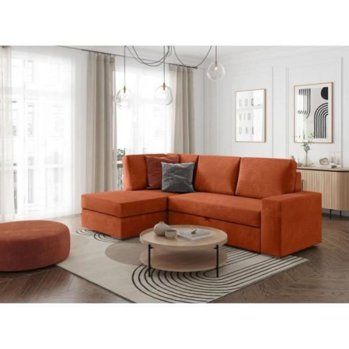 LOUNGITUDE Canapé d'angle gauche 3 places convertible ADEN avec coffre en velours côtelé - Terracotta - L246 x P174 x H96cm - LOUNGITUDE