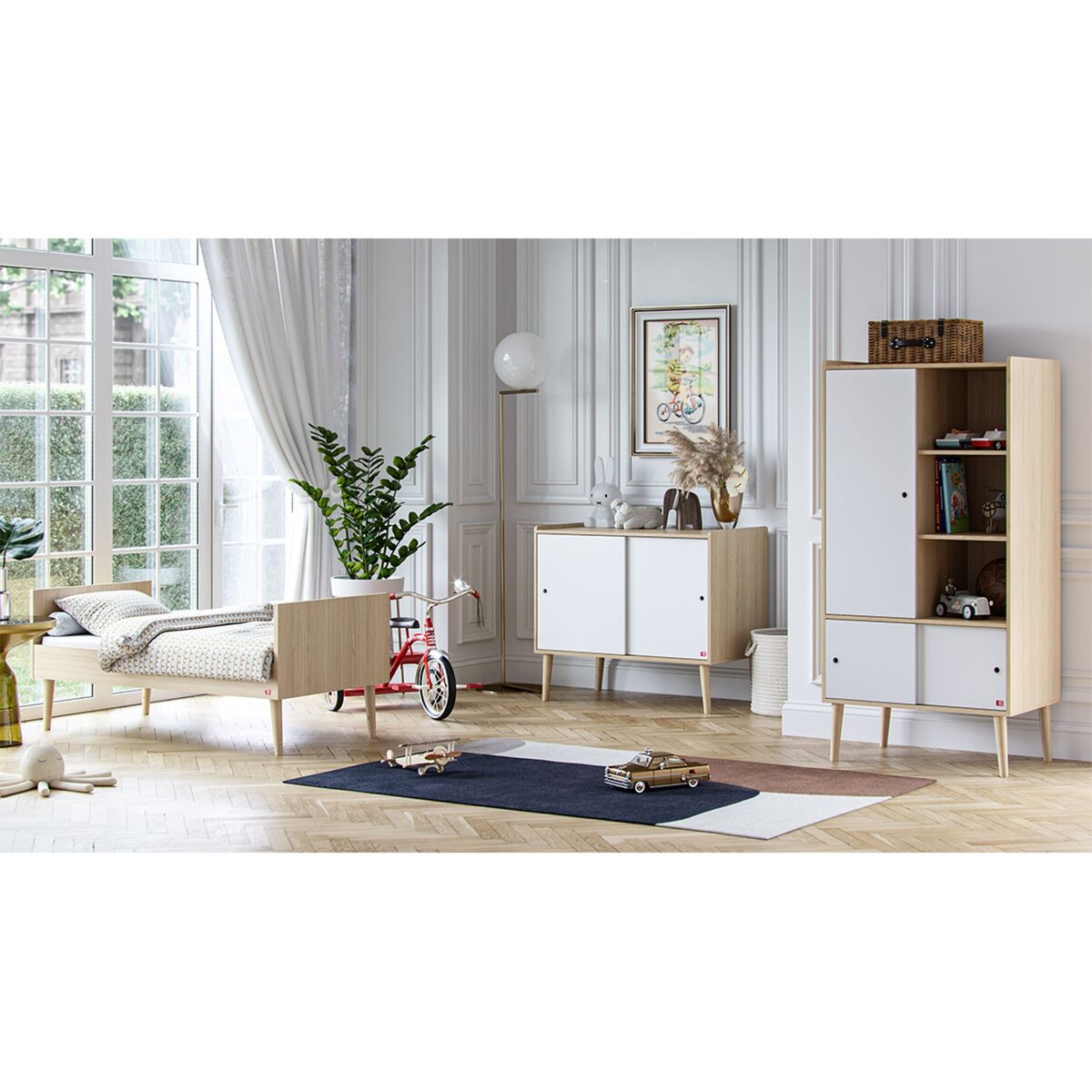 VOX Chambre complète lit évolutif 70x140 - commode et armoire 1 porte Retro - Bois Blanc