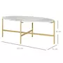 HOMCOM Table basse ovale design style art déco dim. 121L x 51l x 45H cm structure métal doré plateau aspect marbre blanc