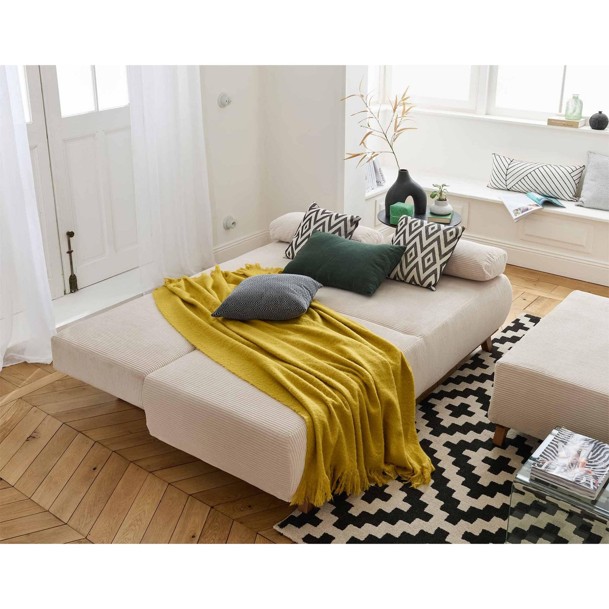 BEST MOBILIER Cristal - canapé 3 places - convertible avec coffre et grand pouf - en velours côtelé