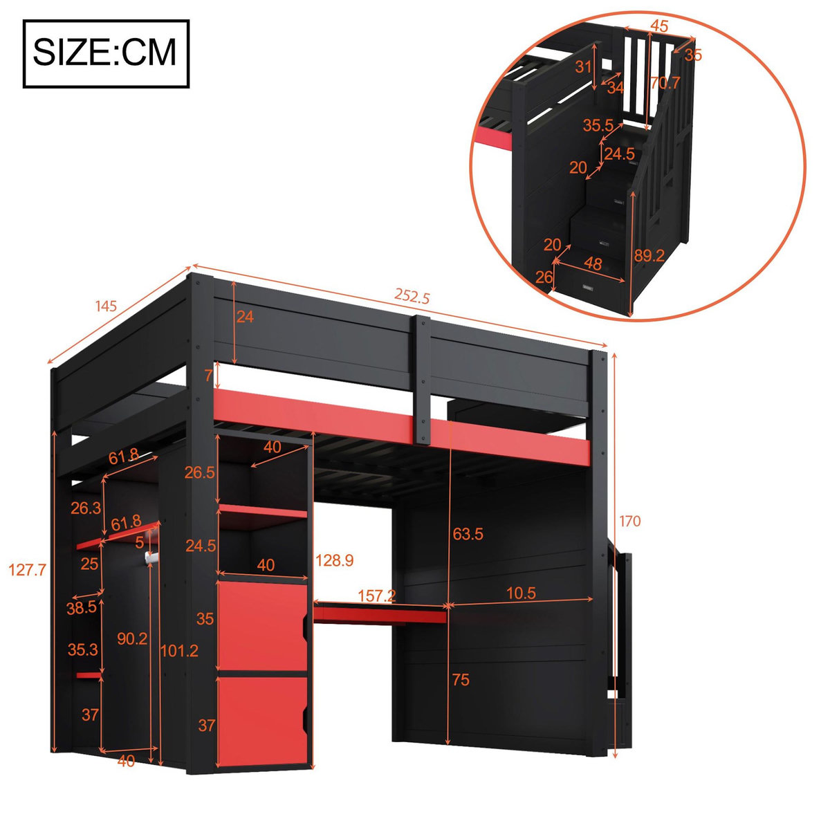 MERAX Lit combiné enfant 140x200 cm coloris noir led mdf