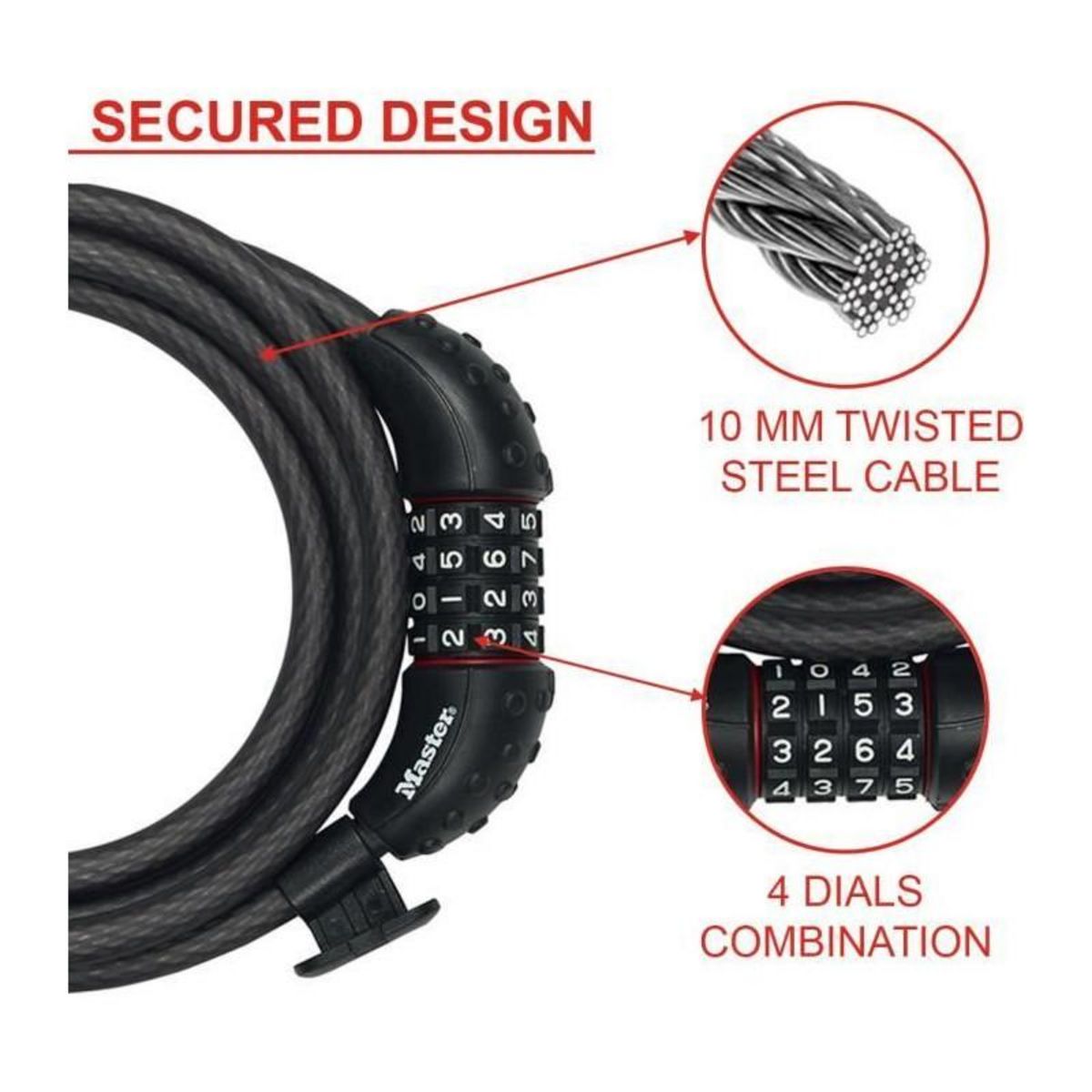 Master lock Cable Antivol Vélo [1,8 m Câble] [Combinaison] [Extérieur] [Support Fixation Vélo] 8120EURDPRO